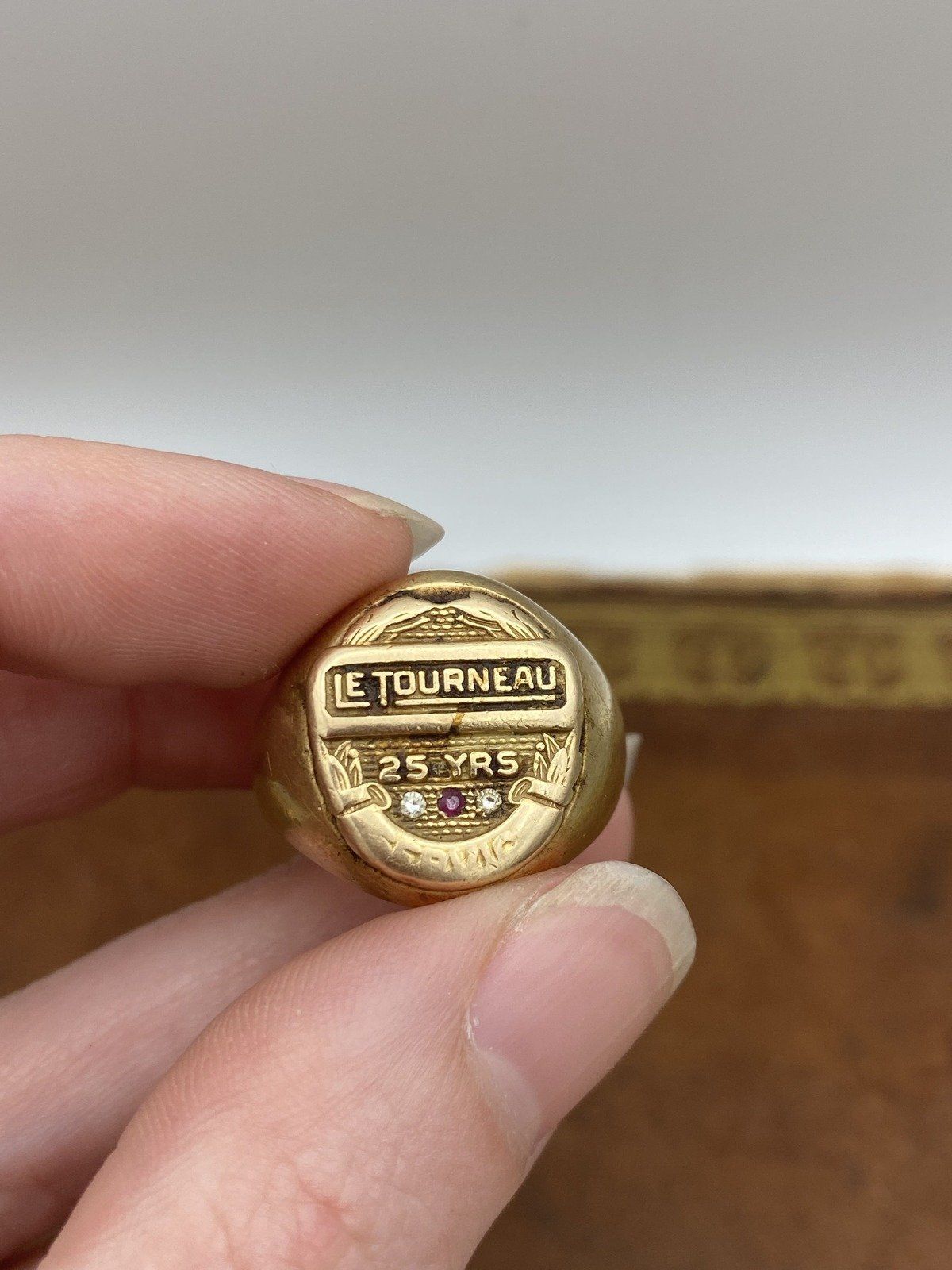 Antique 14k Gold Le Tourneau 25 Years of Service Weighty Signet Class Ring w Ruby + Diamond Accents 9