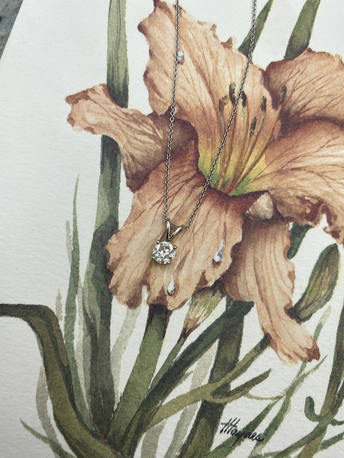 Firey Vintage 14k White Gold Natural .65ct Round Cut Solitaire Diamond Drop Necklace w Sturdy Cable Chain 16L 15