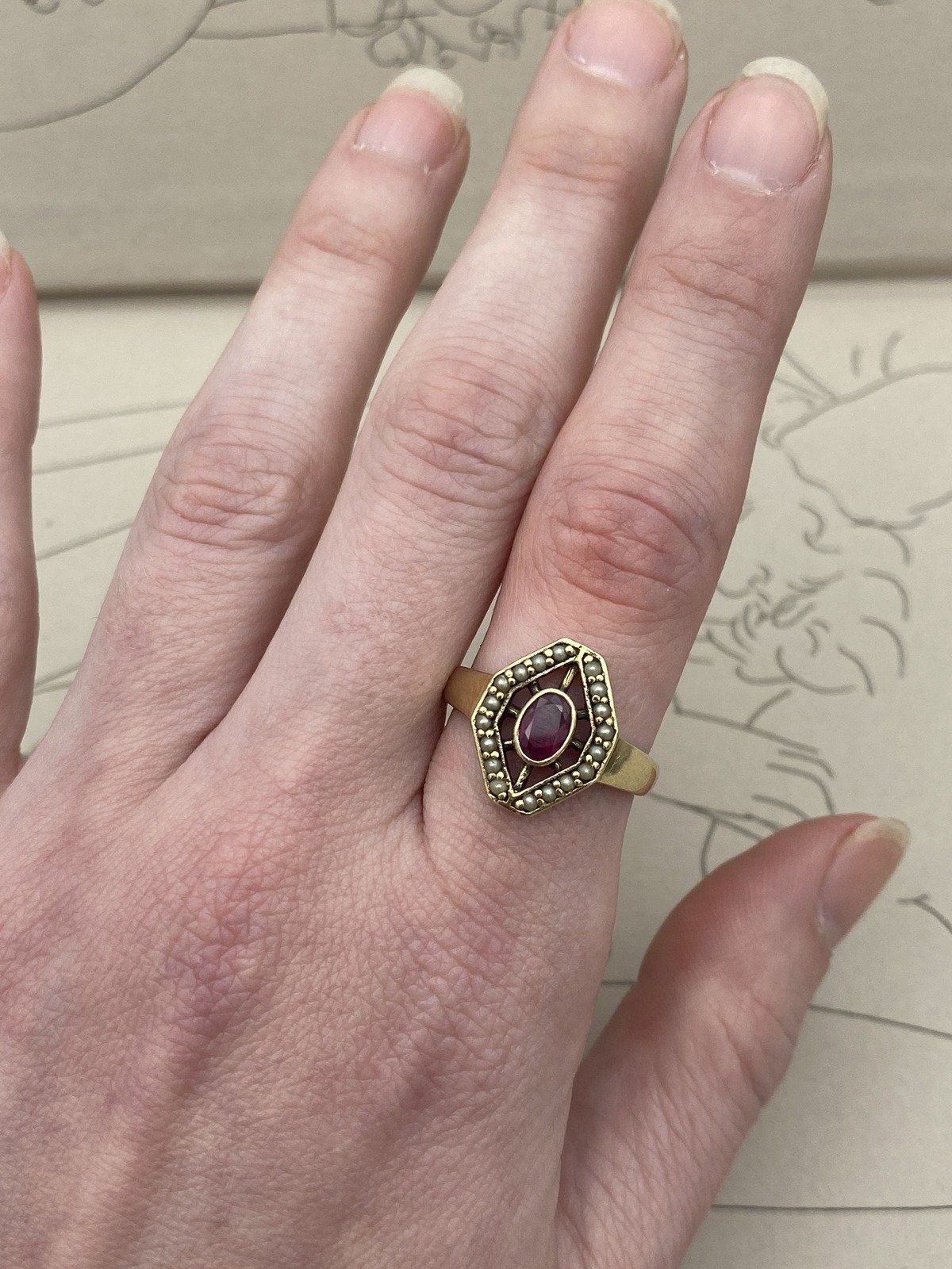 Antique 10k Gold Trapezoid Seed Pearl + Bezel Oval Ruby Navette Ring #2937 10