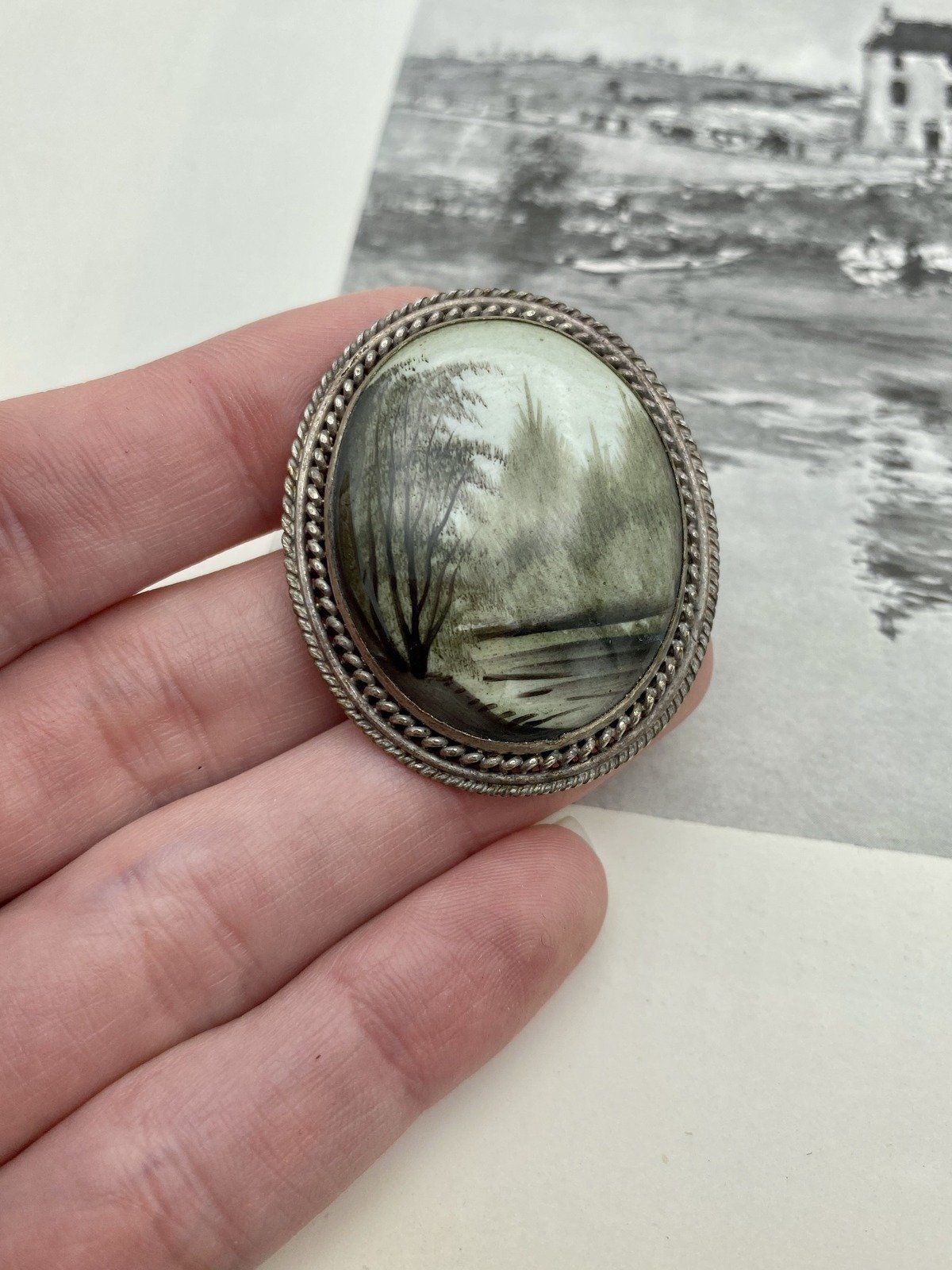 Antique Russian Enamel Painted Green Sepia Landscape Scene Brooch #2125 4