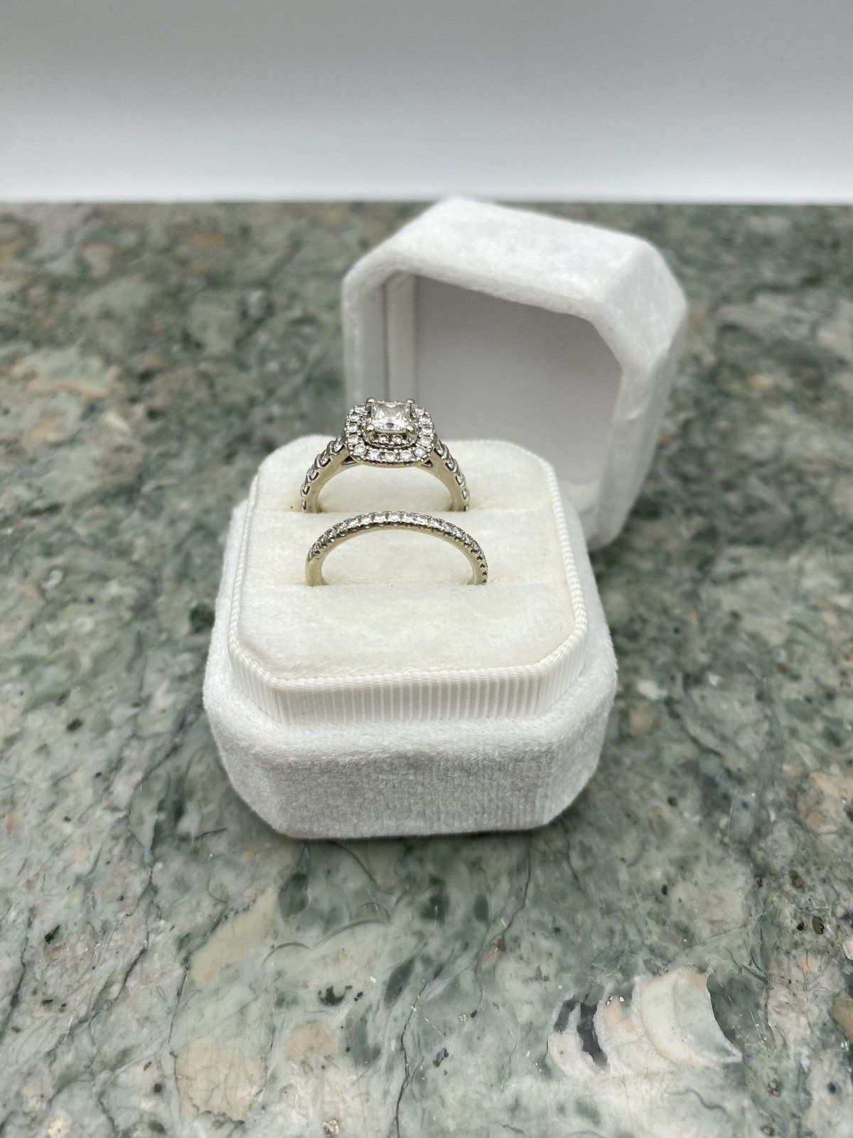 Ladies 14k Gold Leo 1.5ctw Princess Cut Cushion Haloed Diamond Engagement Ring + Band w GIA 4