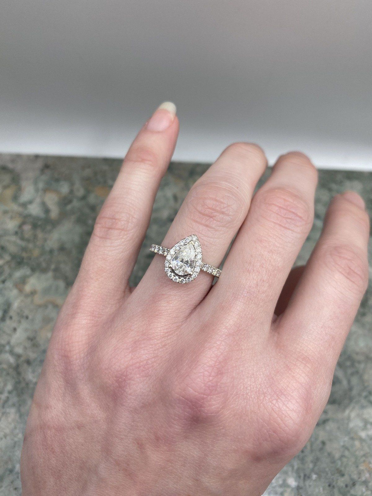 Modern Classic 14k White Gold .75ct Pear Cut Diamond Center Engagement Ring w Diamond Framing + Shoulders 4