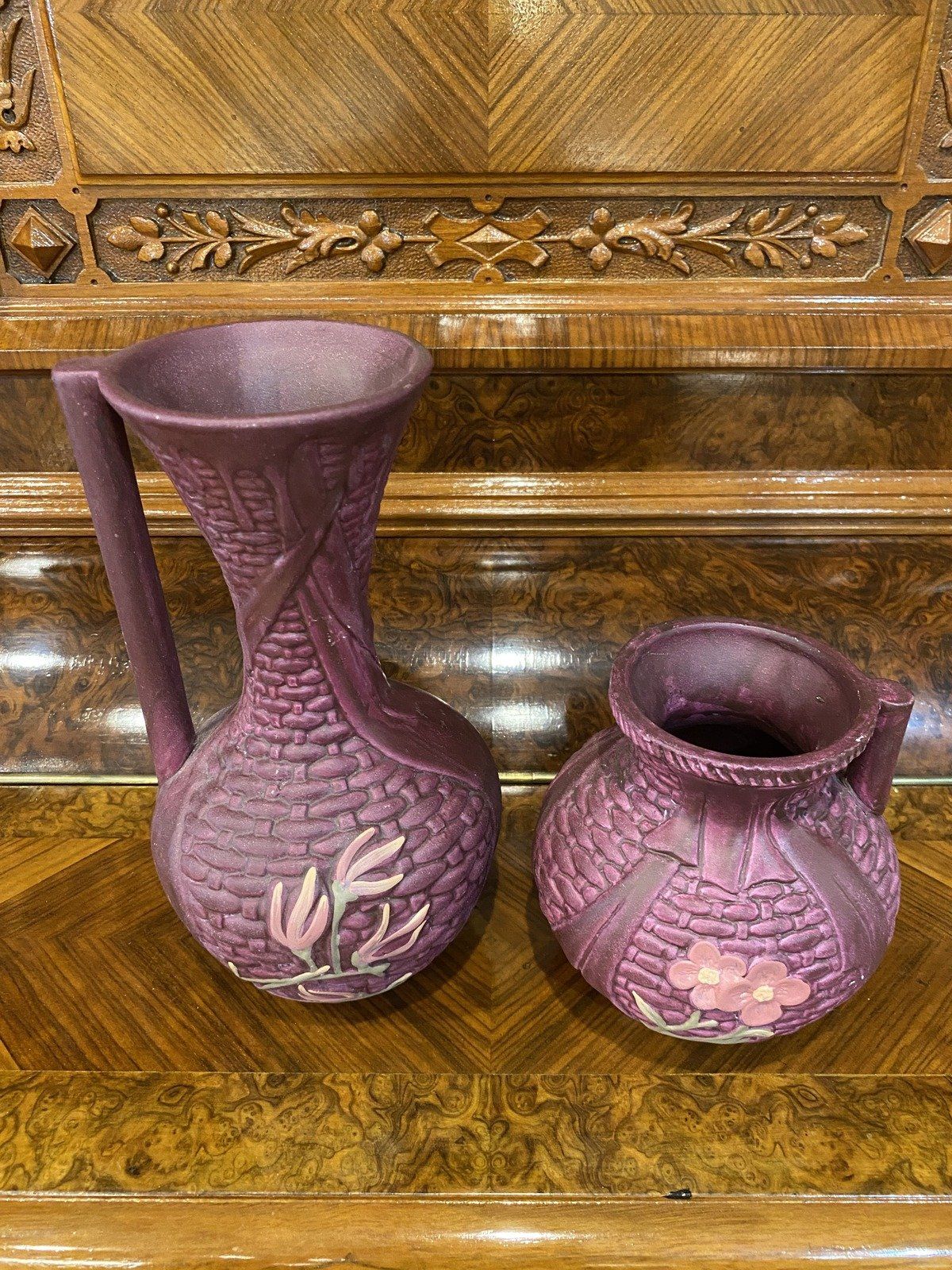Pair of Unidentified Basket Weave + Floral Ceramic Ewer Vases 2