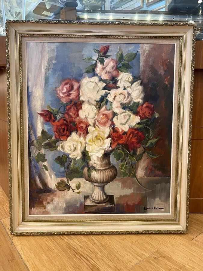 Ornately Framed Sill Life of Urn w Roses Signed Louise Lehman