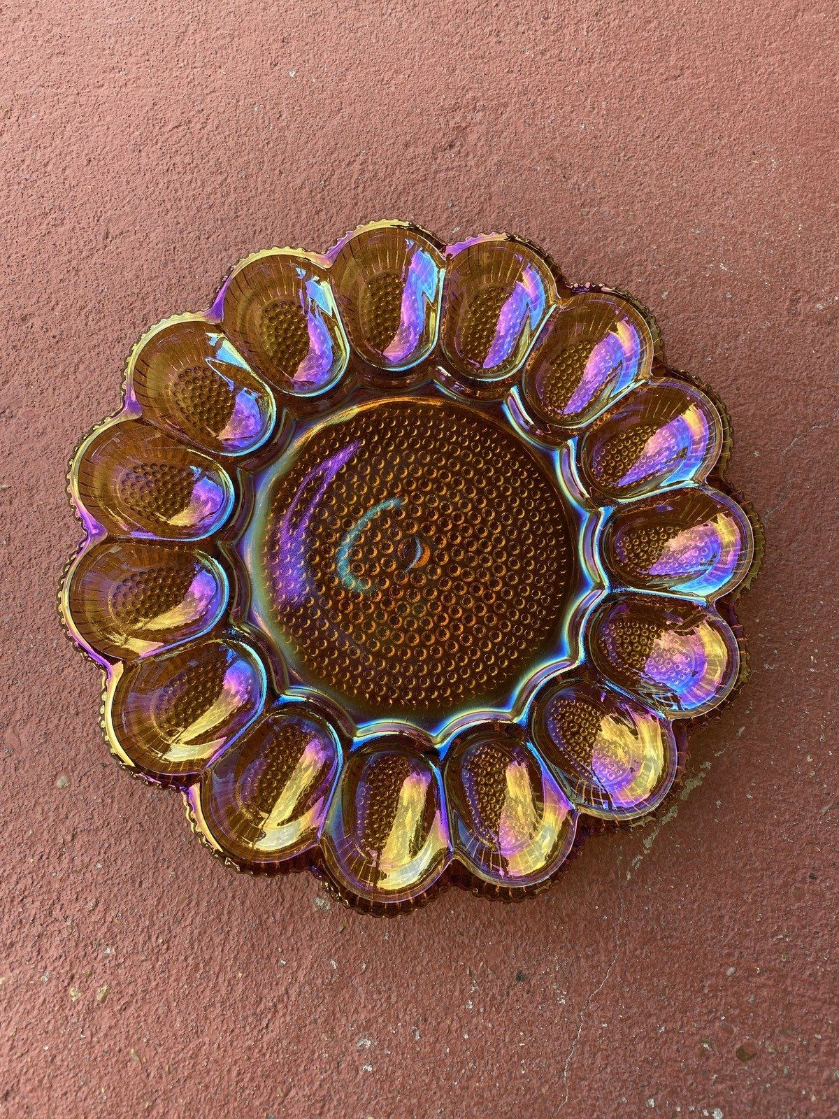 Marigold Vintage Carnival Glass Deviled Egg Scalloped + Hobnail Platter 6