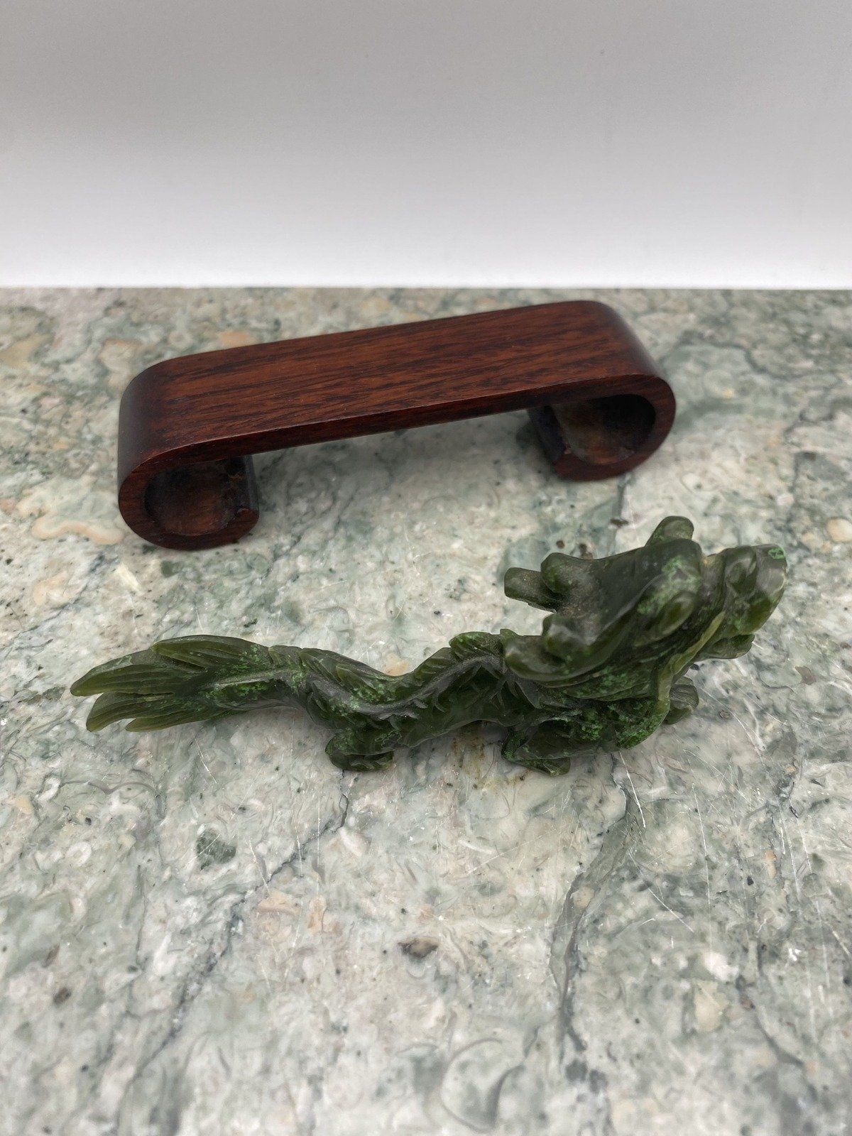 Hand Carved Natural Nephrite Jade Dragon w Feng Shui Wood Stand 8