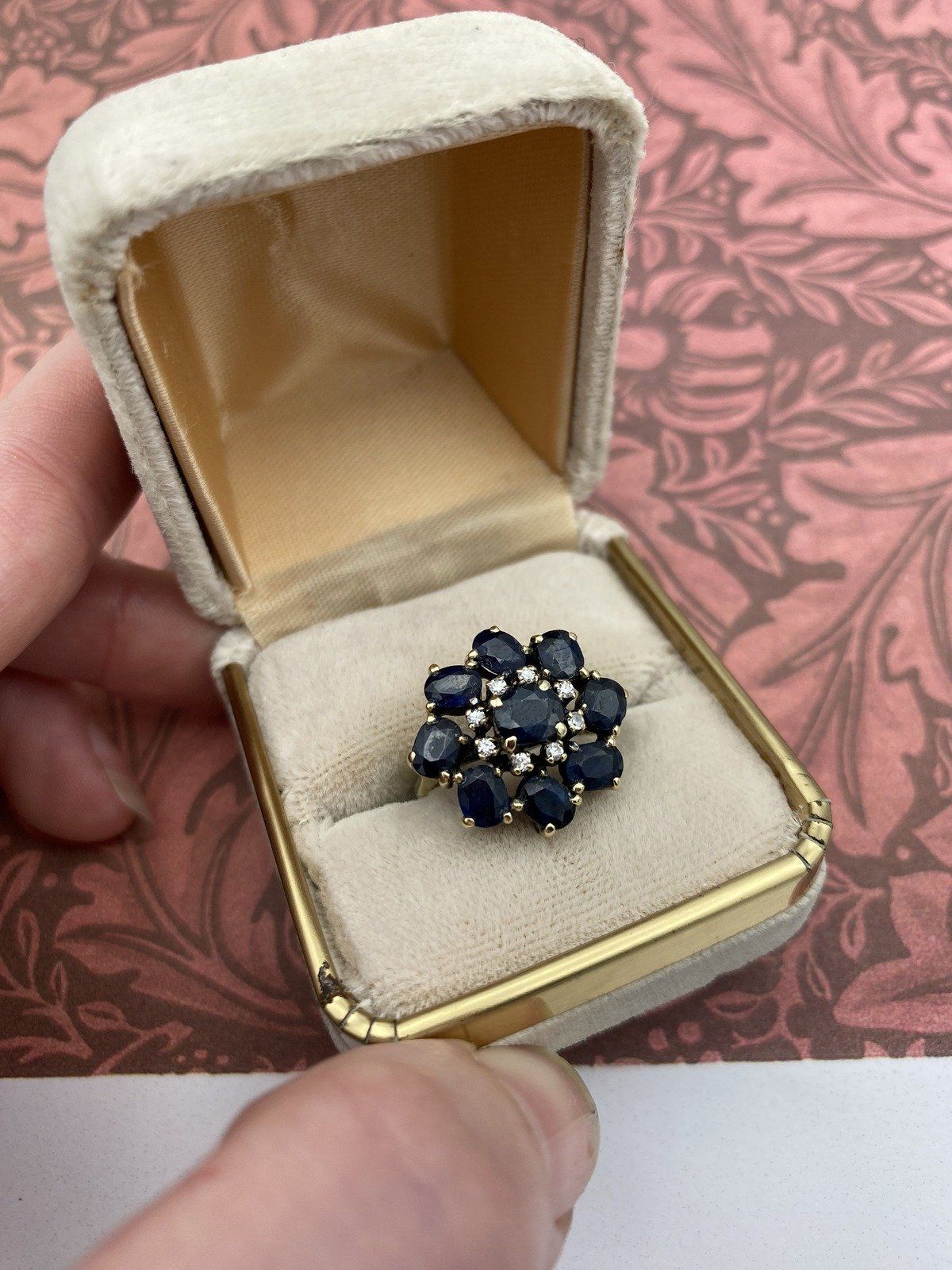 Antique 14k Gold Diamond Sapphire Petal Flower Cluster Ring 4