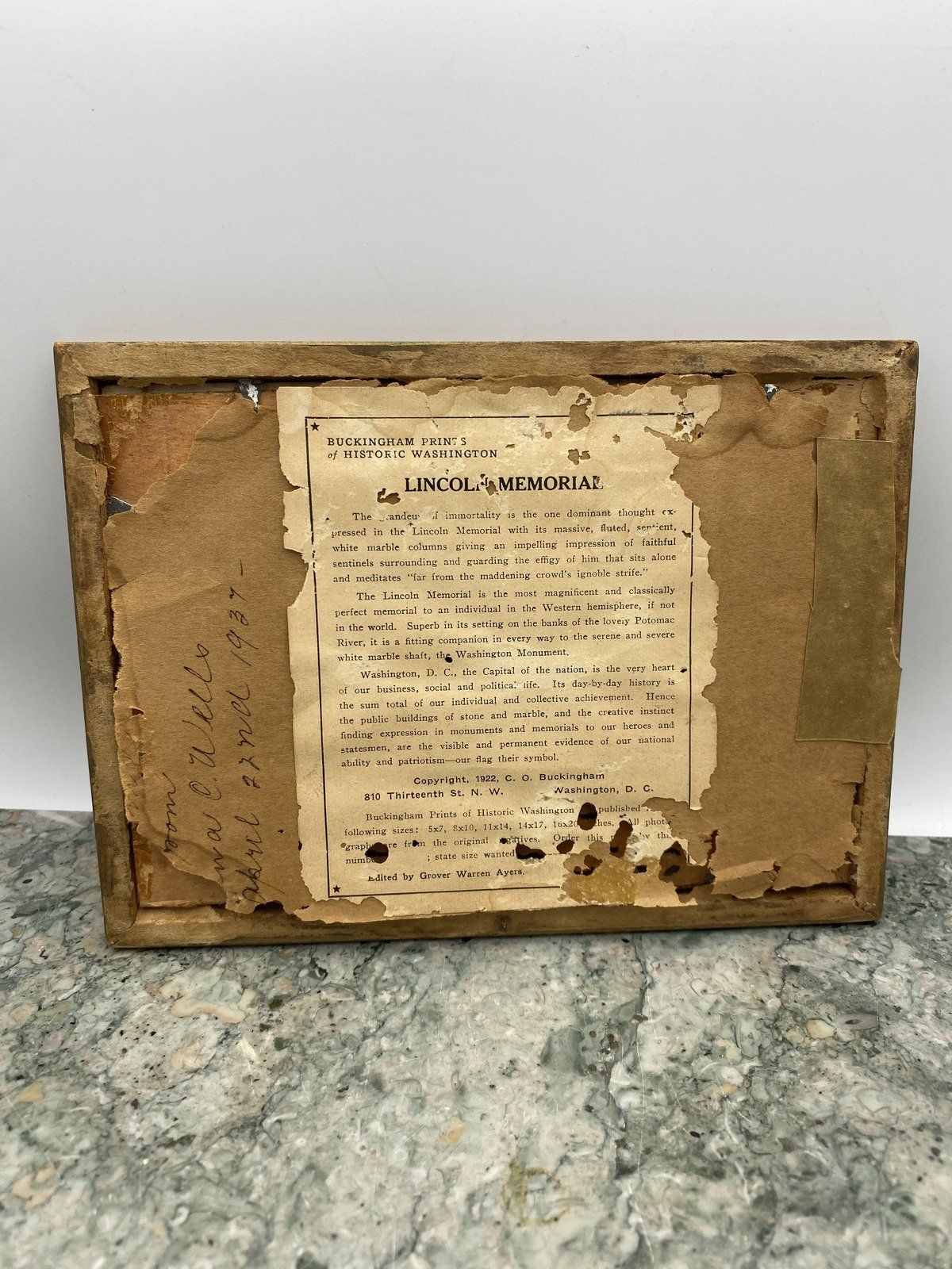 Antique c.1922 Hand Oiled Lincoln Memorial Lithograph 7.5x6.5 6