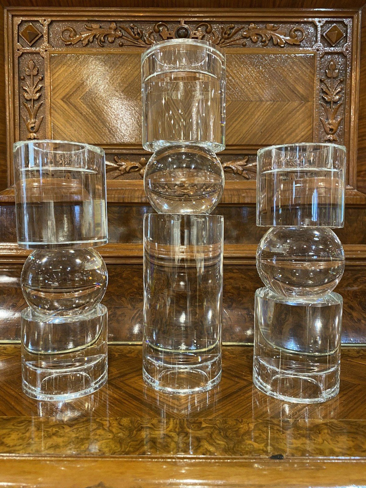 Modernist Minimal Clear Glass 3pc Candleholder SET 8