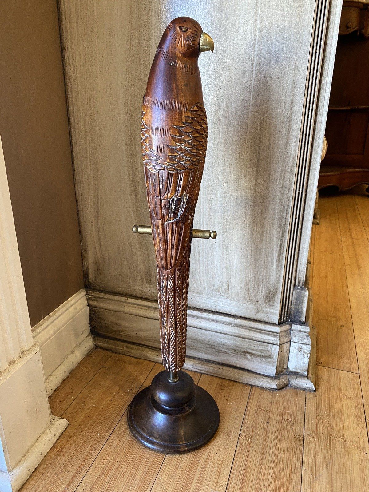 SARREID LTD Hand Carved Wood Bird on Brass Cage Stand