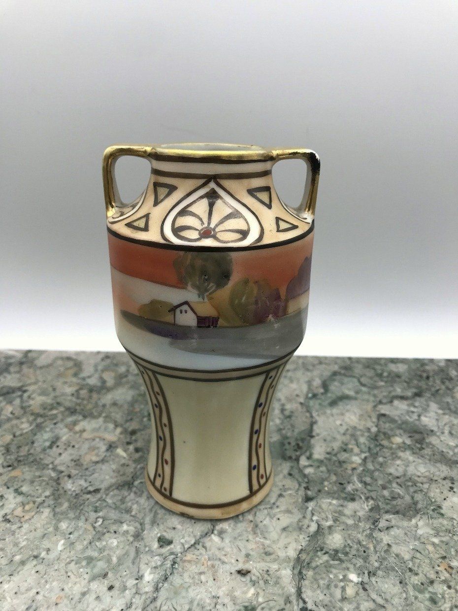 Nippon Hand Painted Mini Vase w Autumn Hue Landscape 5