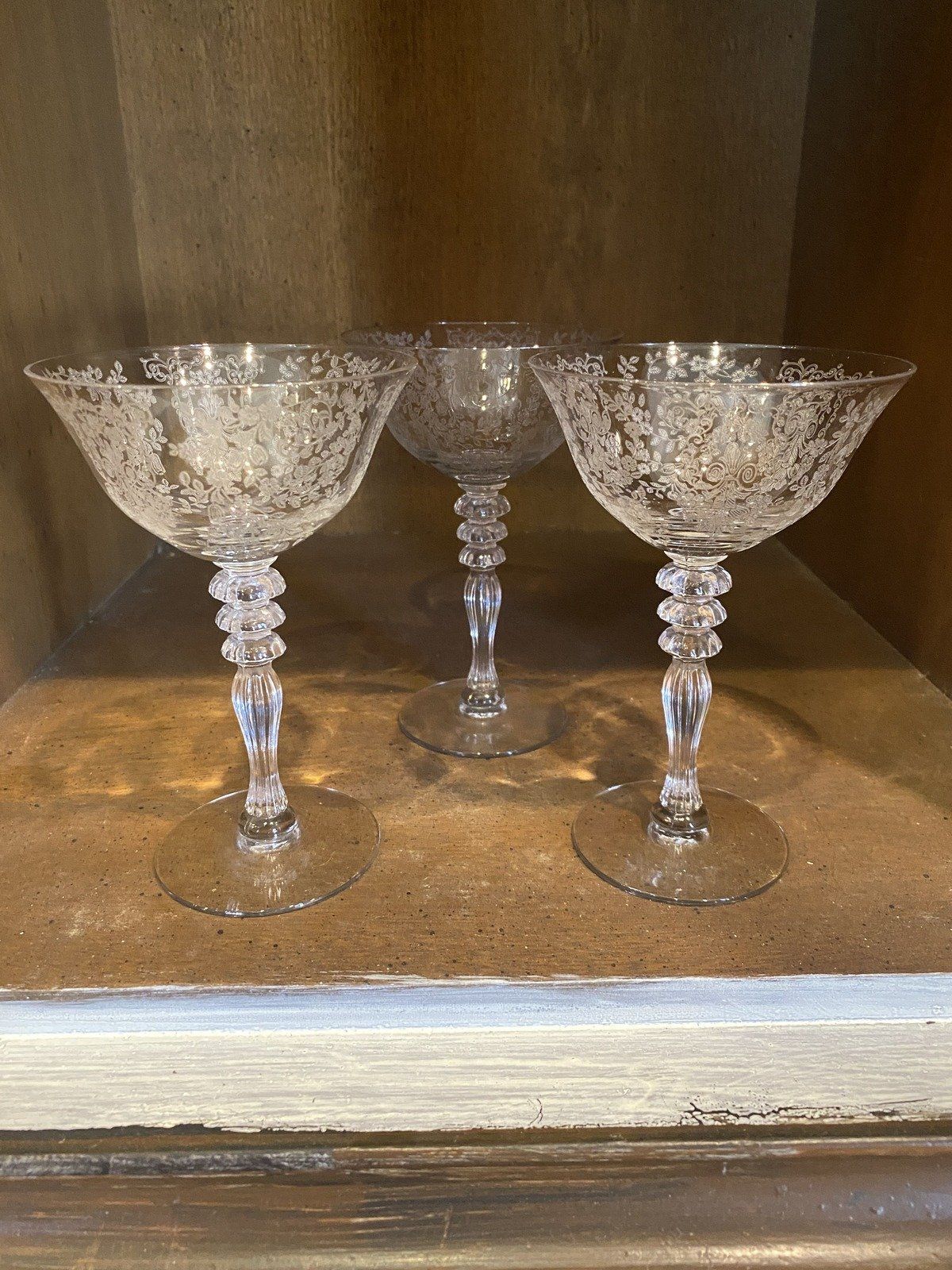 Set of 3x Delicately Etched Floral Crystal Wine Stems