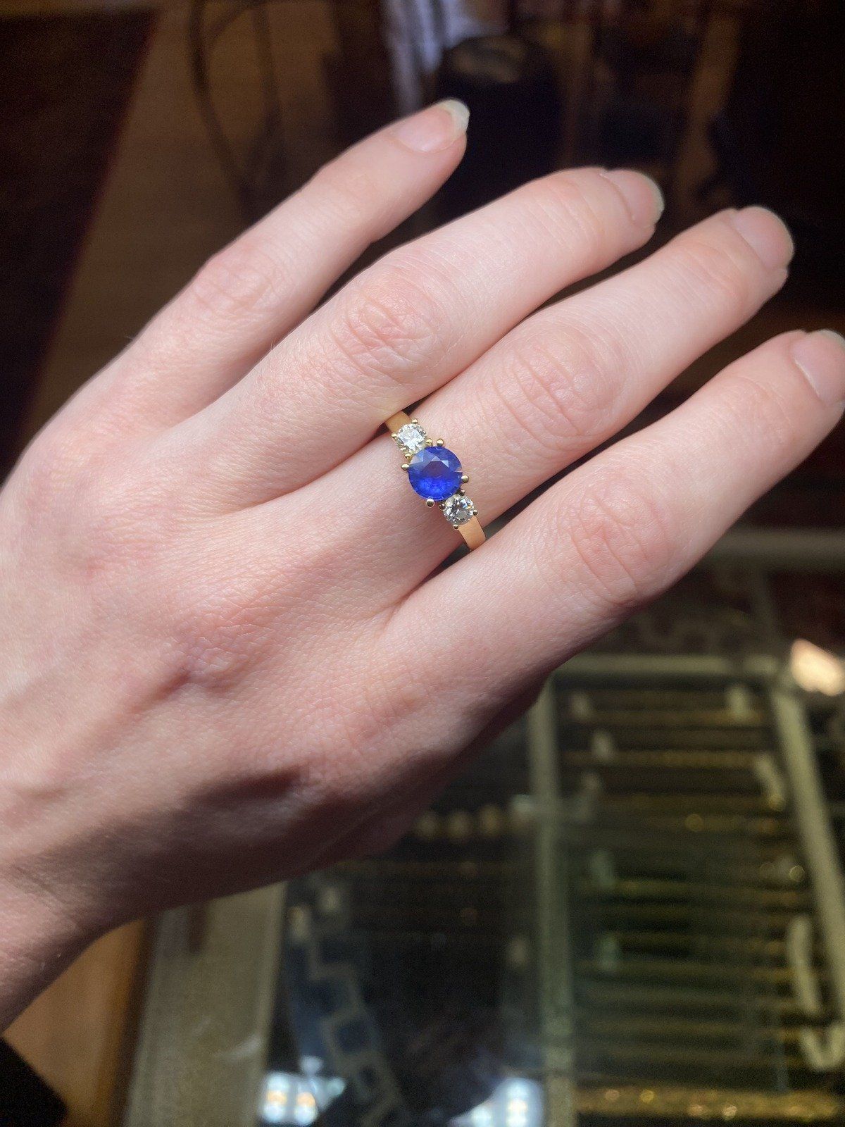 Angara 14k Gold 1ct Sapphire + .32ct Diamond Trio Stone Ladies Ring w GIA + Display Box 12