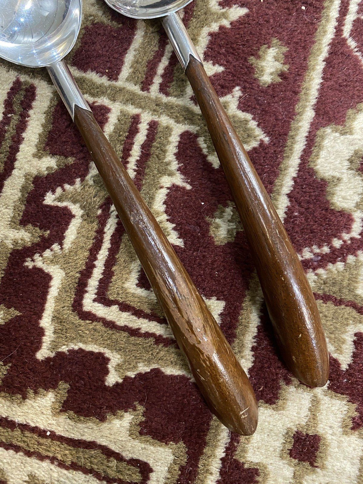 Pair of Primitive Wood Handle + Sterling Silver Salad Serving Utensils 4
