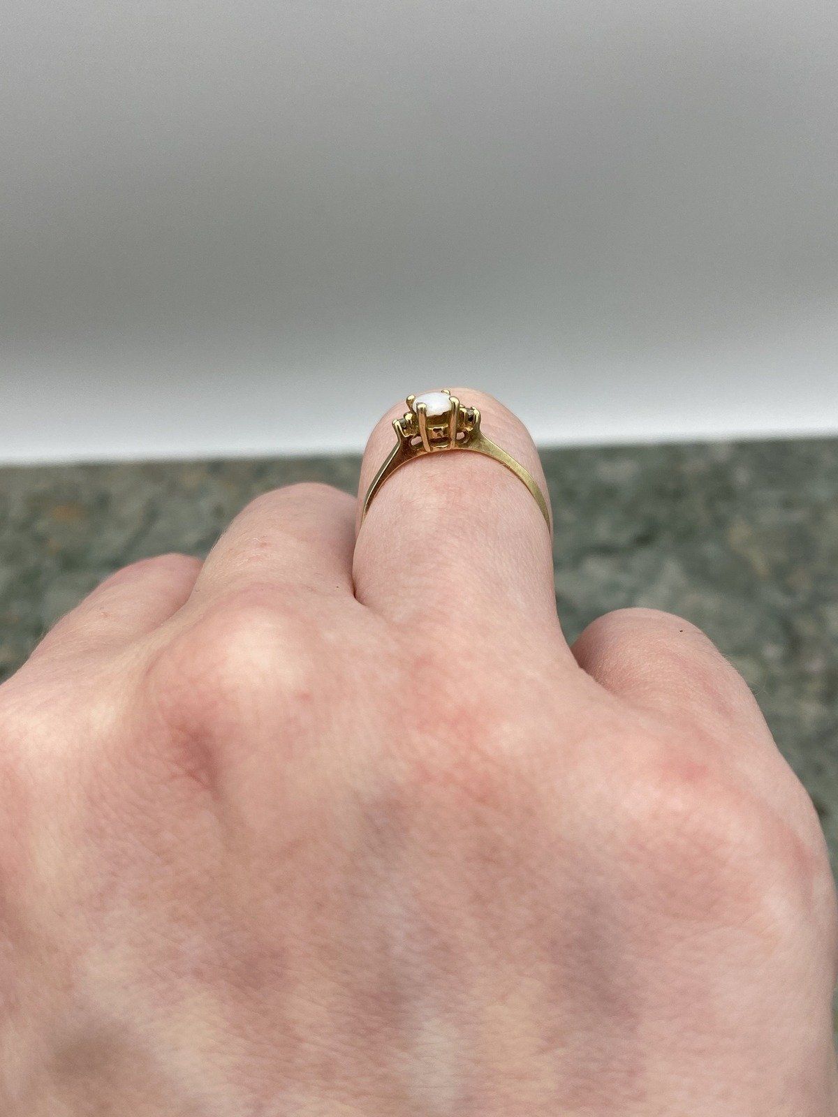 Minimalistic 10k Gold Oval Opal Diamond Flanked Ring 11