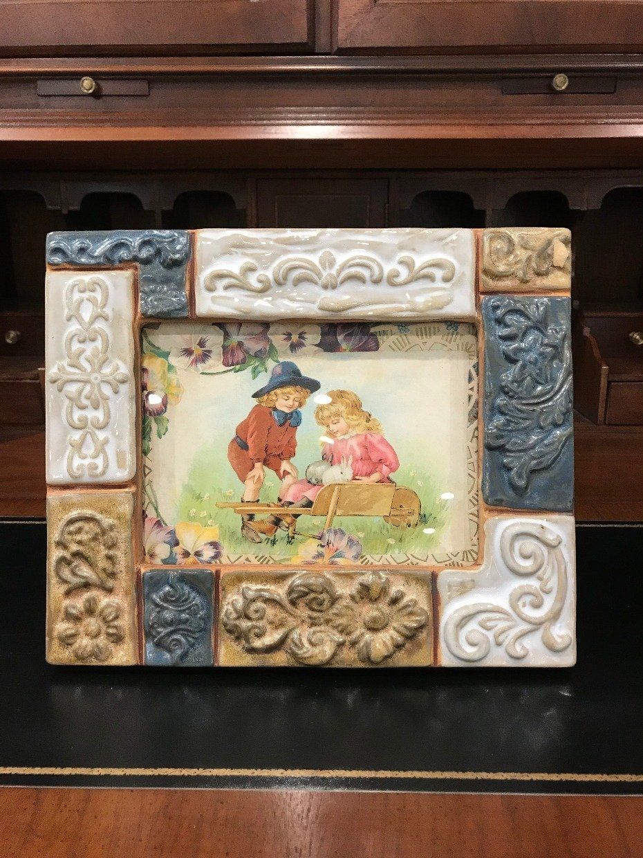 Tile Bordered Picture Frame w Antique Postcard