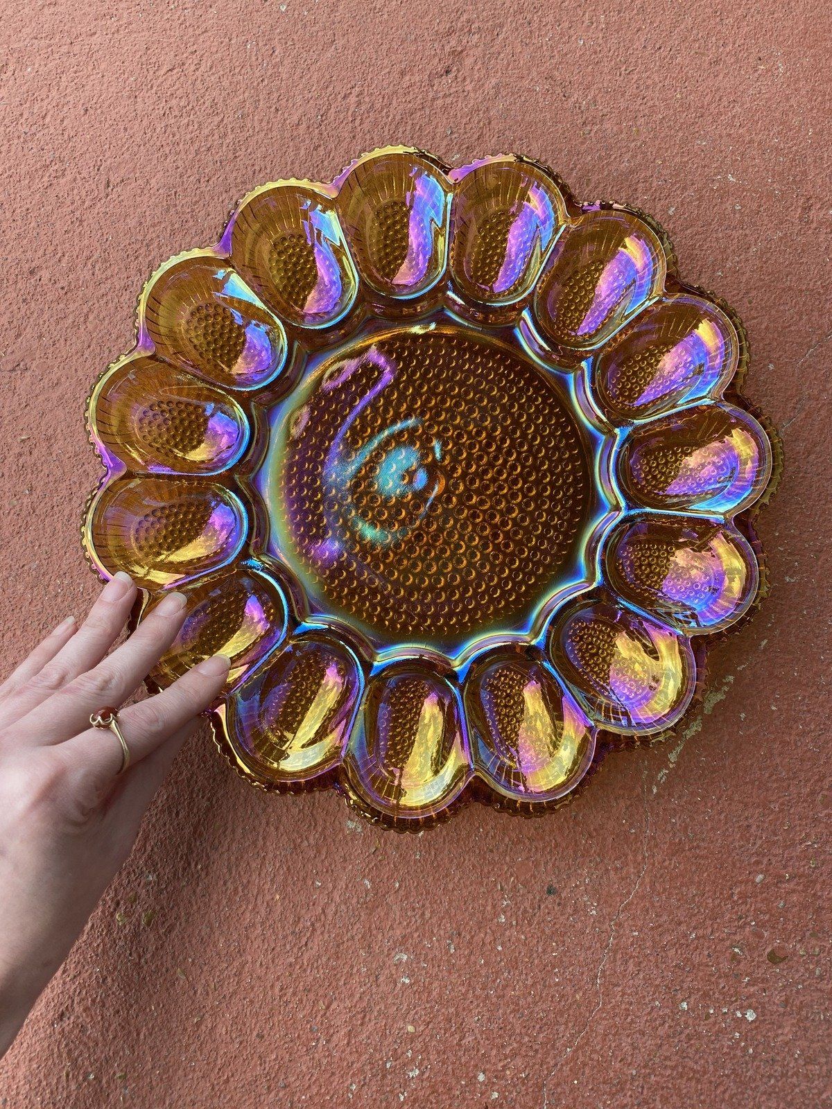 Marigold Vintage Carnival Glass Deviled Egg Scalloped + Hobnail Platter 7