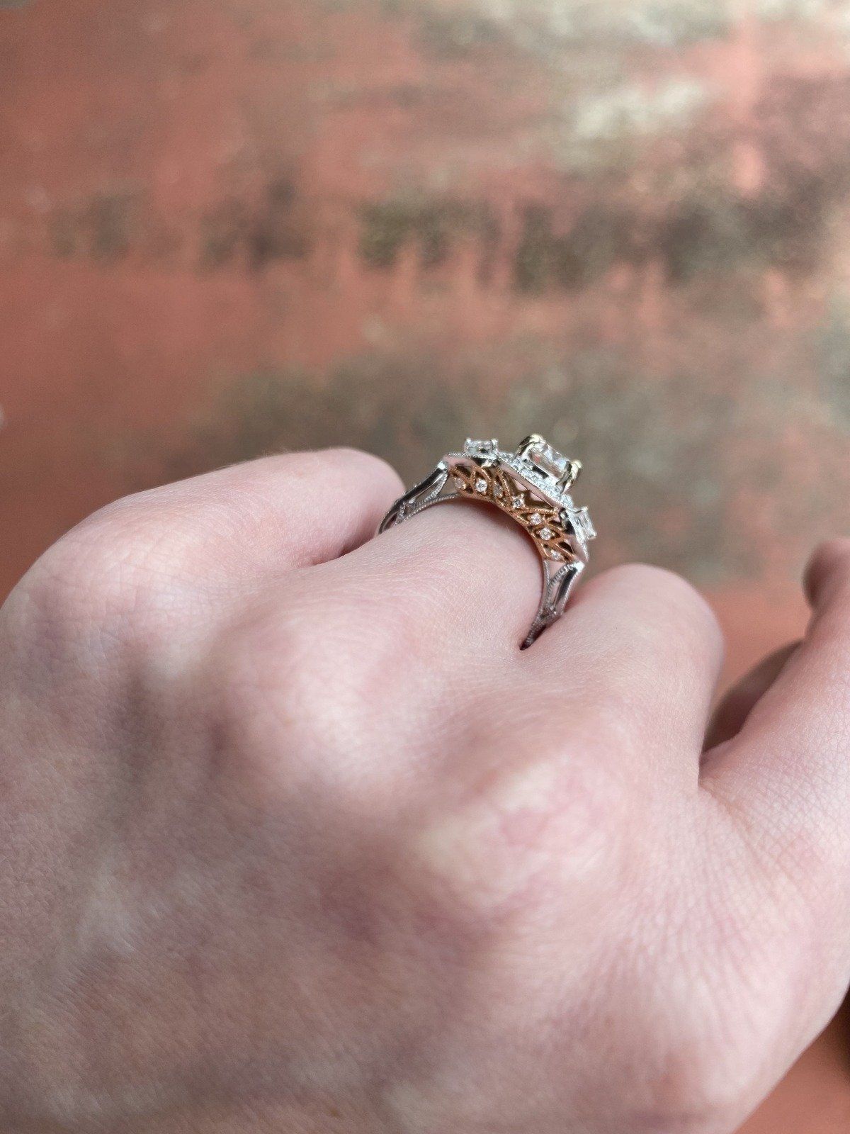 Ladies 1.01ct Center Round Brilliant Diamond Engagement Ring w Pear Should Diamonds + Rose Gold Ornament + GIA Documentation 4