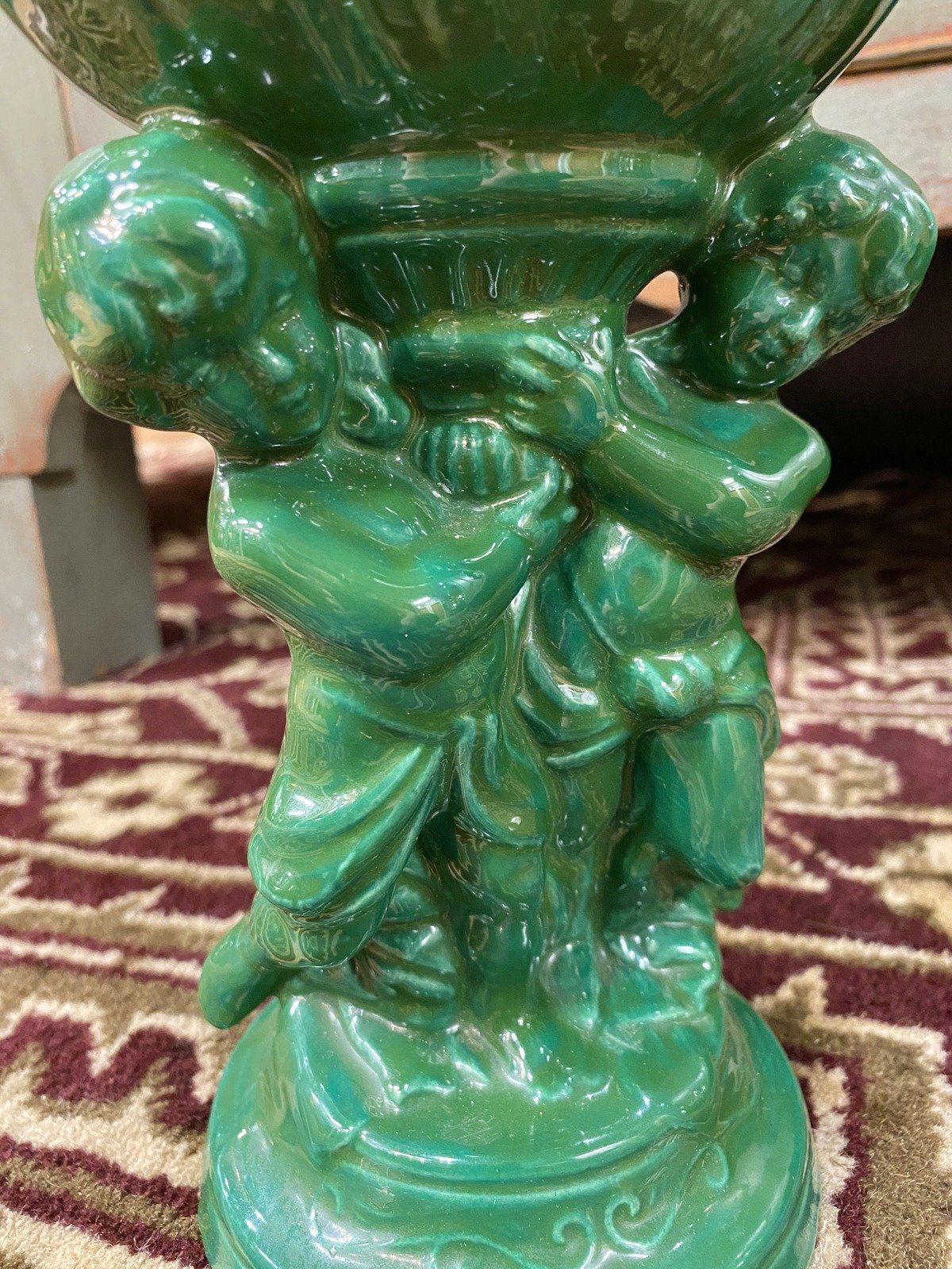Vintage Signed VERNA GALLOWAY Twin Cherub Lotus Green Ceramic Pedestal Dish 4