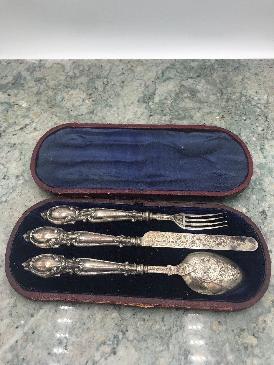 Antique Edwardian English Made Ornate Sterling Silver Christening 3pc Cutlery Set in Orig. Box