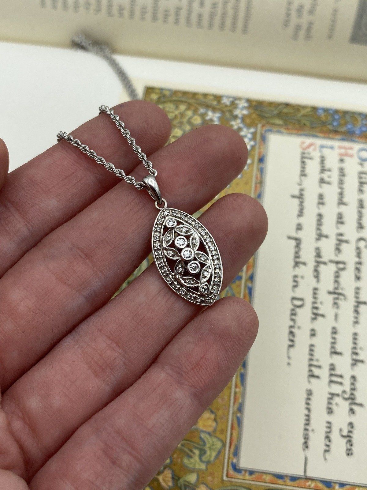 14k White Gold Almond Bezel Diamond Drop Necklace 18L 4