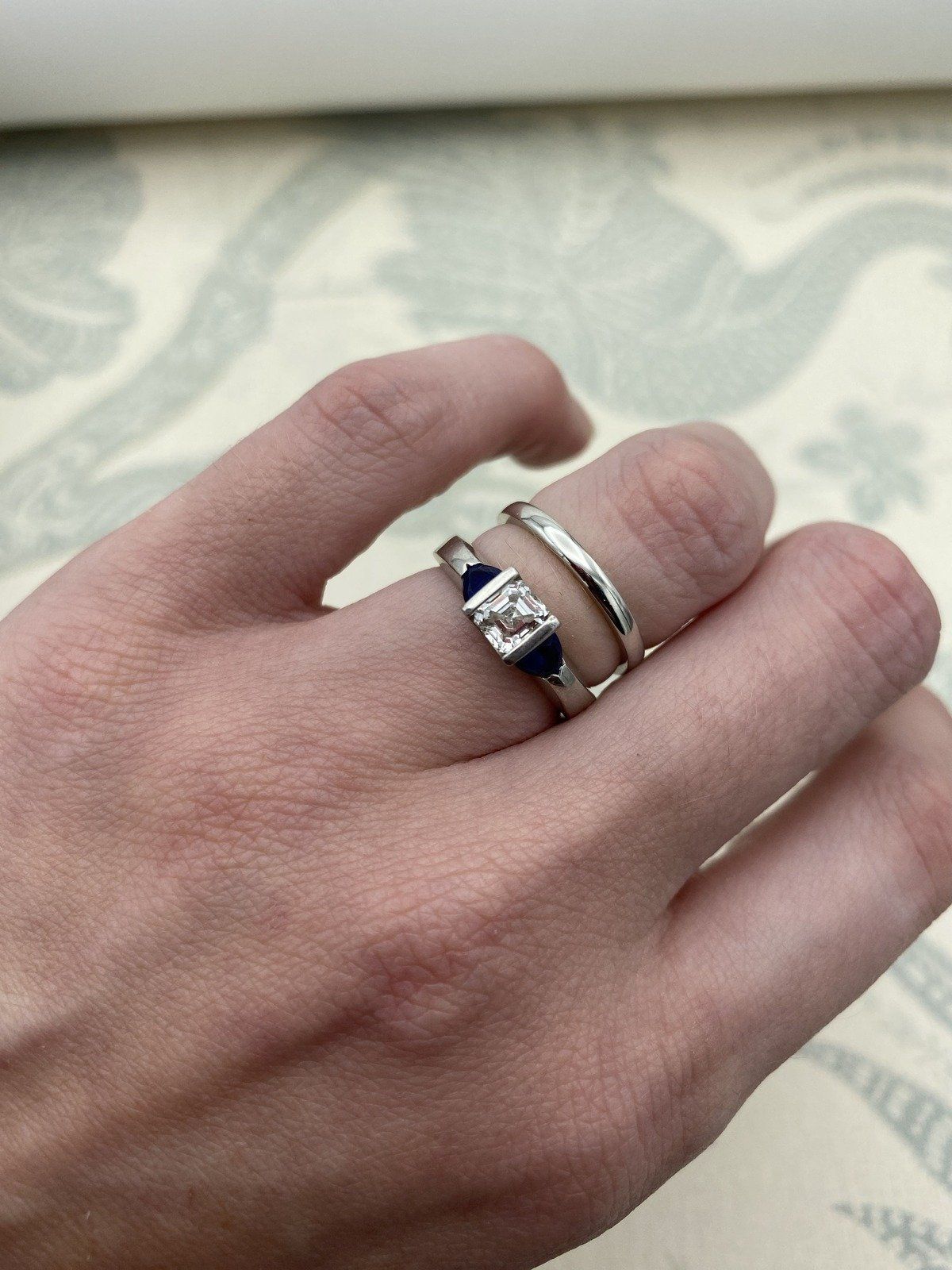 Vintage Platinum .71ct Asscher Cut Diamond Engagement Ring Set w Triangle Cut Sapphire Shoulders w GIA + APPRAISAL 3