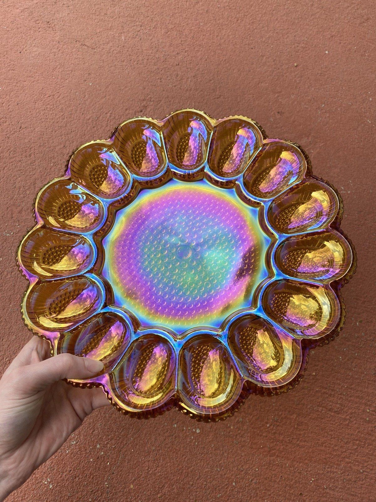 Marigold Vintage Carnival Glass Deviled Egg Scalloped + Hobnail Platter 18