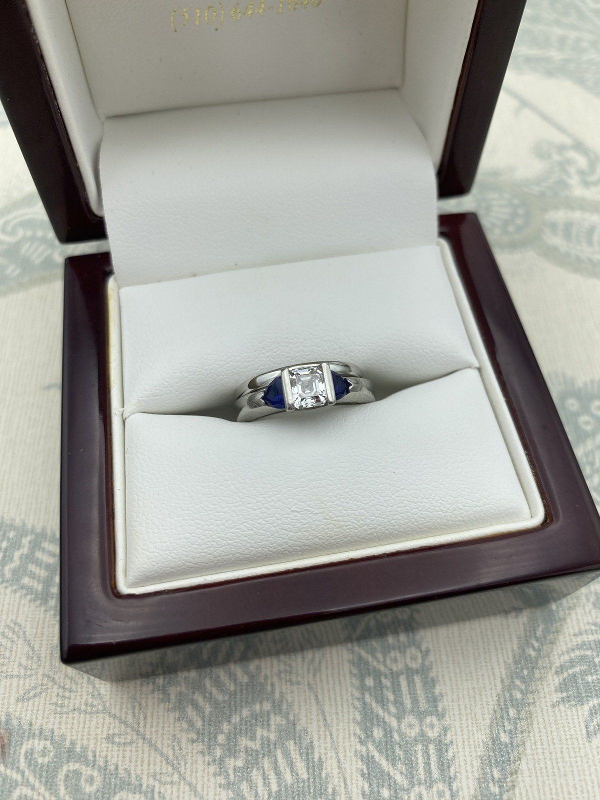 Vintage Platinum .71ct Asscher Cut Diamond Engagement Ring Set w Triangle Cut Sapphire Shoulders w GIA + APPRAISAL 2