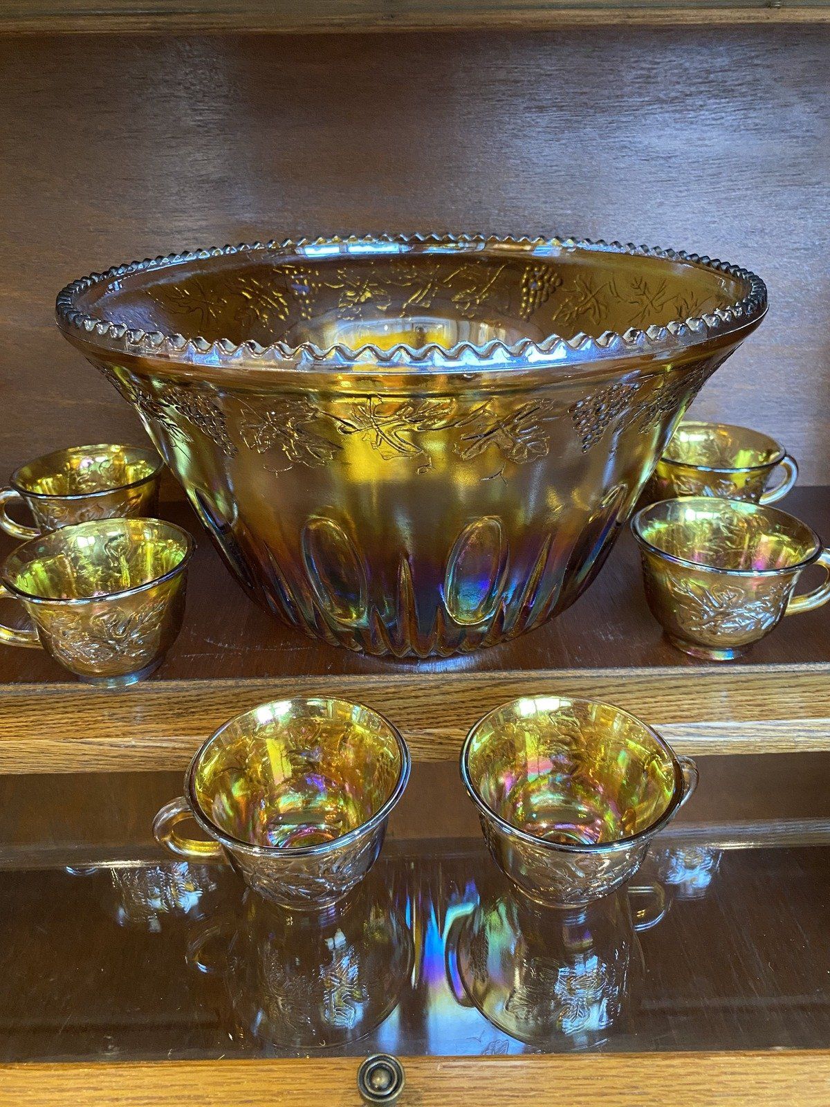 Indiana Carnival Glass Marigold Orange Carnival Glass Punch Bowl + 6 Cups