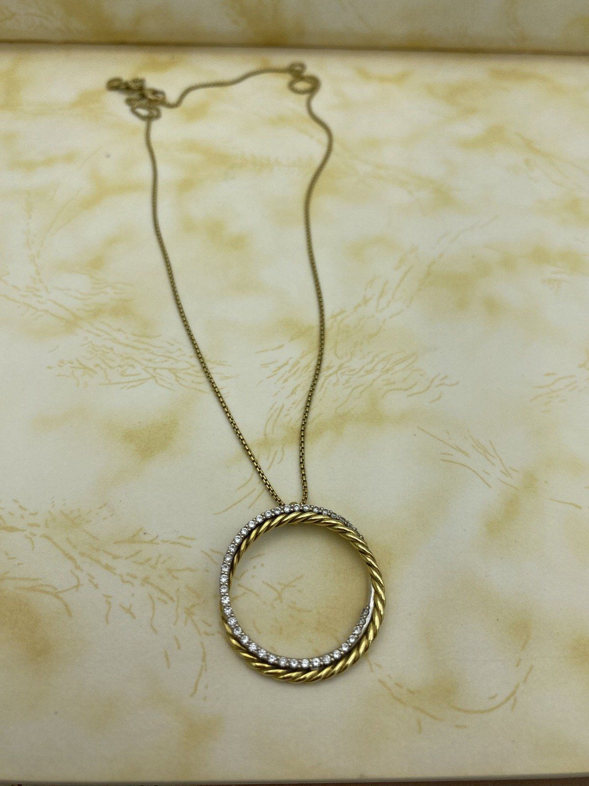 David Yurman 18k Solid Gold Cable Twist + Pave Diamond Interlocking Ringed 17L Necklace 7