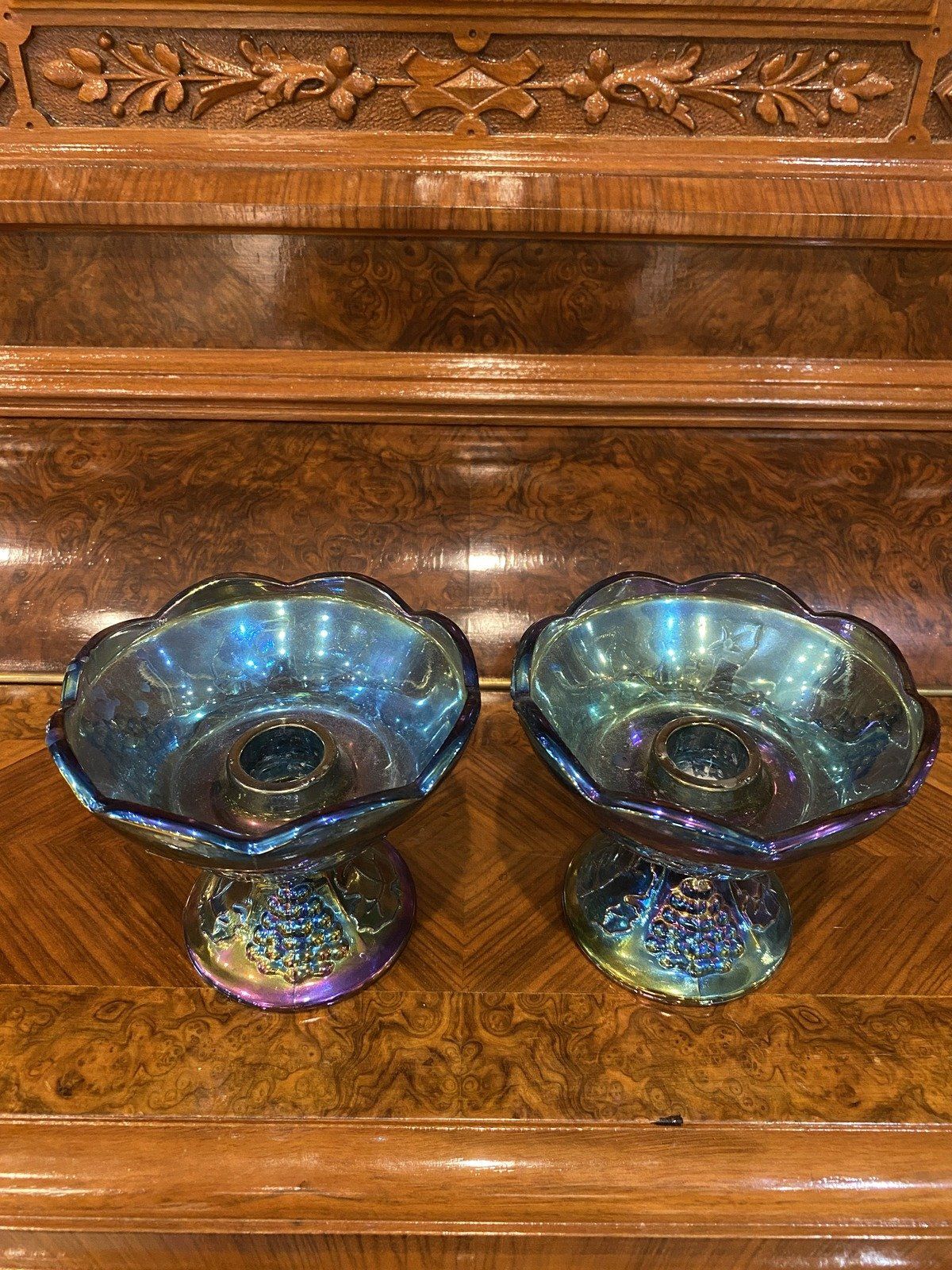 Pair of Electric Iridescent Blue Grape Vine Carnival Glass Candle Holders 2