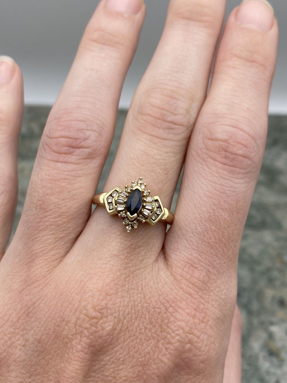10k Natural Blue Sapphire Marquise + Diamond Ring 4