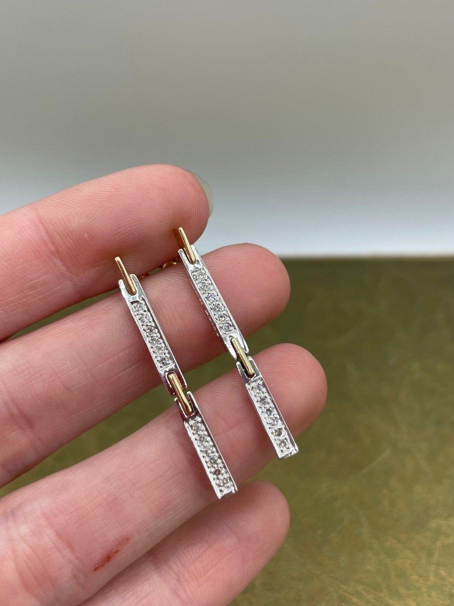 Modern 14k Dual Gold Channel + Pave Set Diamond Rod Drop Earrings 4
