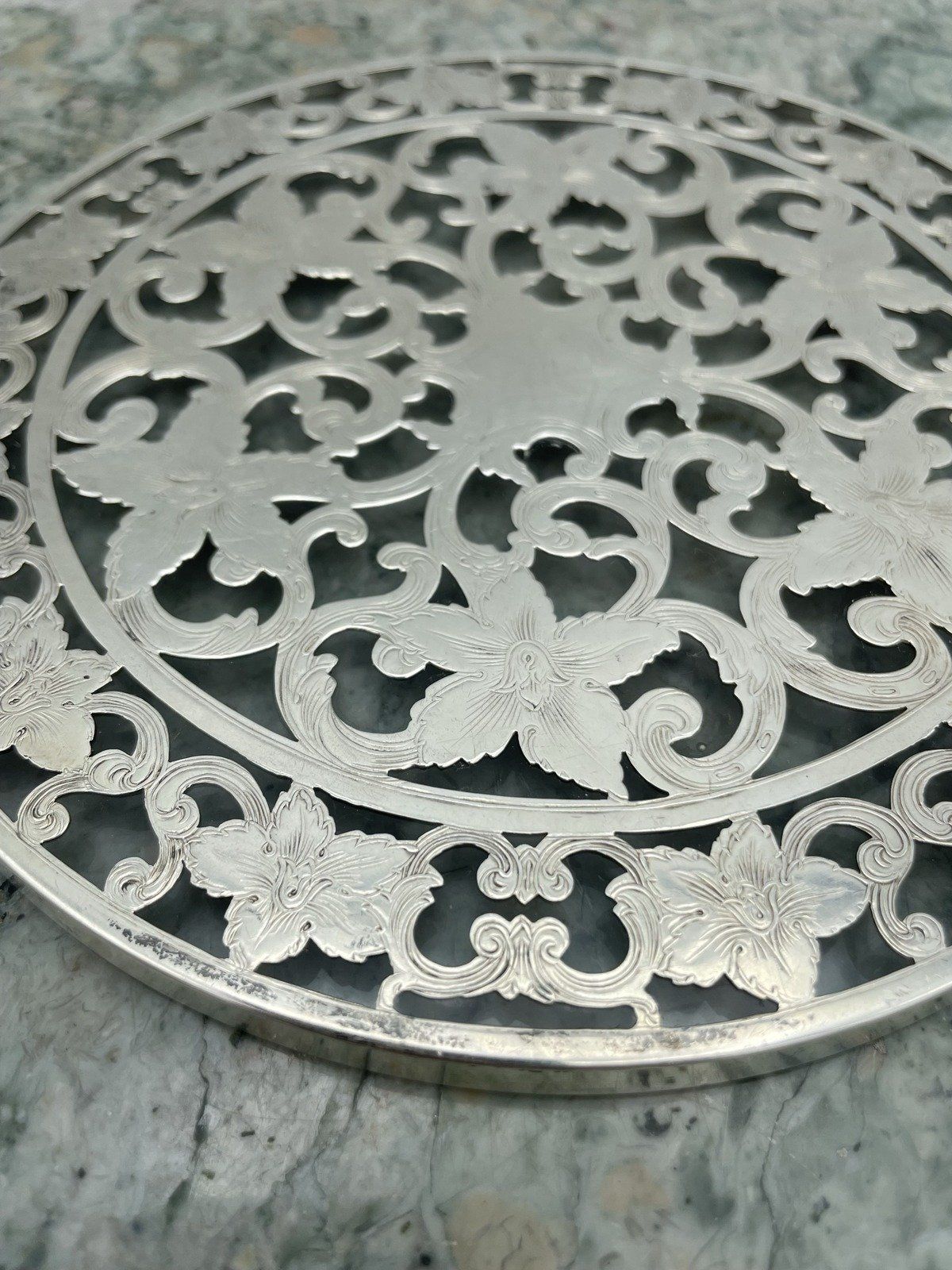 Reticulated Sterling Silver Etched + Glass Hot Plate Trivet 3