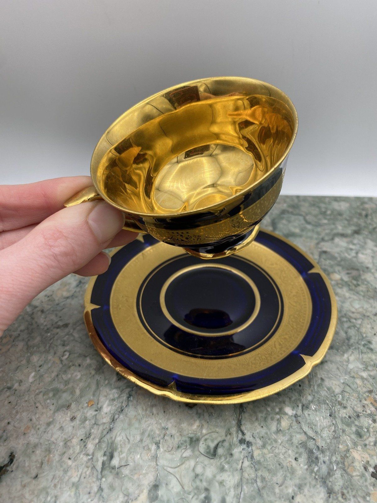 Legle Porcelaine d'Art Limoges French Cobalt + Gilt Demitasse Teacup + Saucer 2