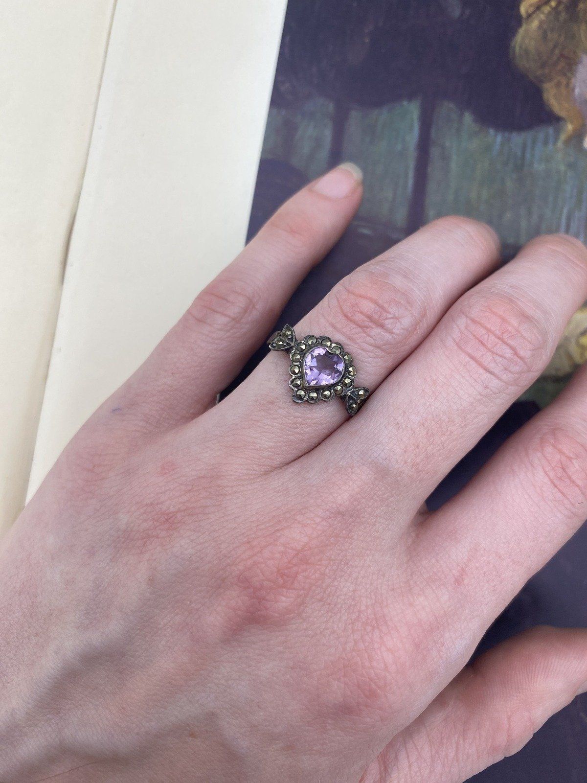 Antique c.1920s Sterling Silver Marcasite + Amethyst Heart Ring + Drop Earrings *SET* 2