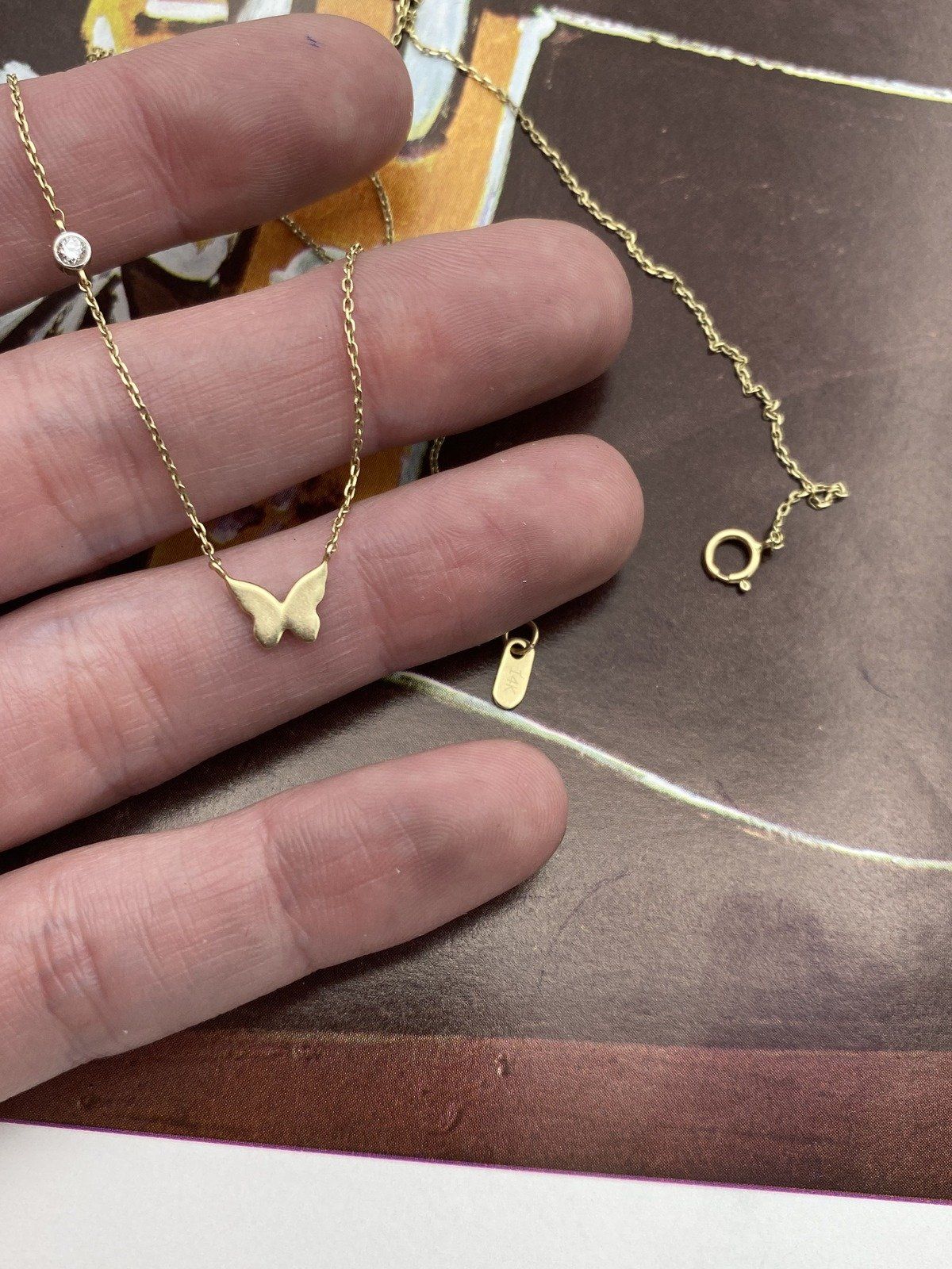 14k Butterfly Necklace w Small Bezel Set Diamond Chain Detail 16L 4