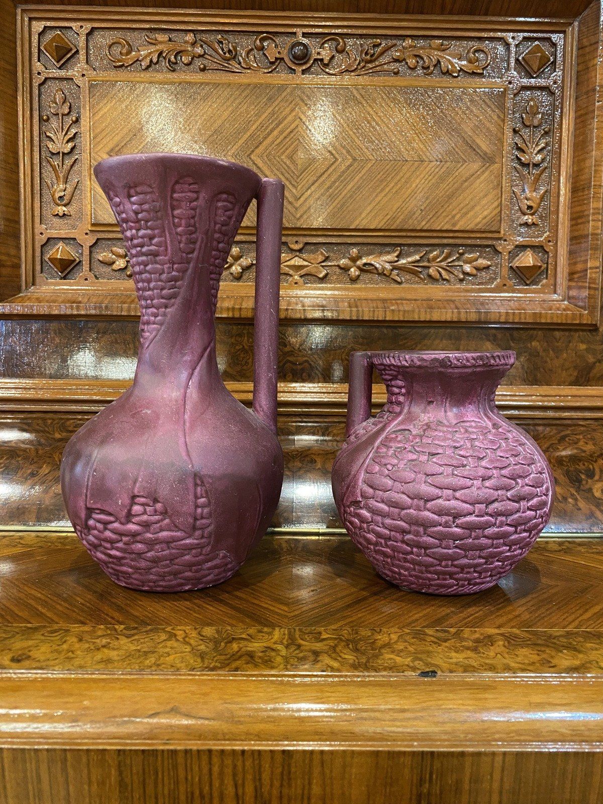 Pair of Unidentified Basket Weave + Floral Ceramic Ewer Vases 3