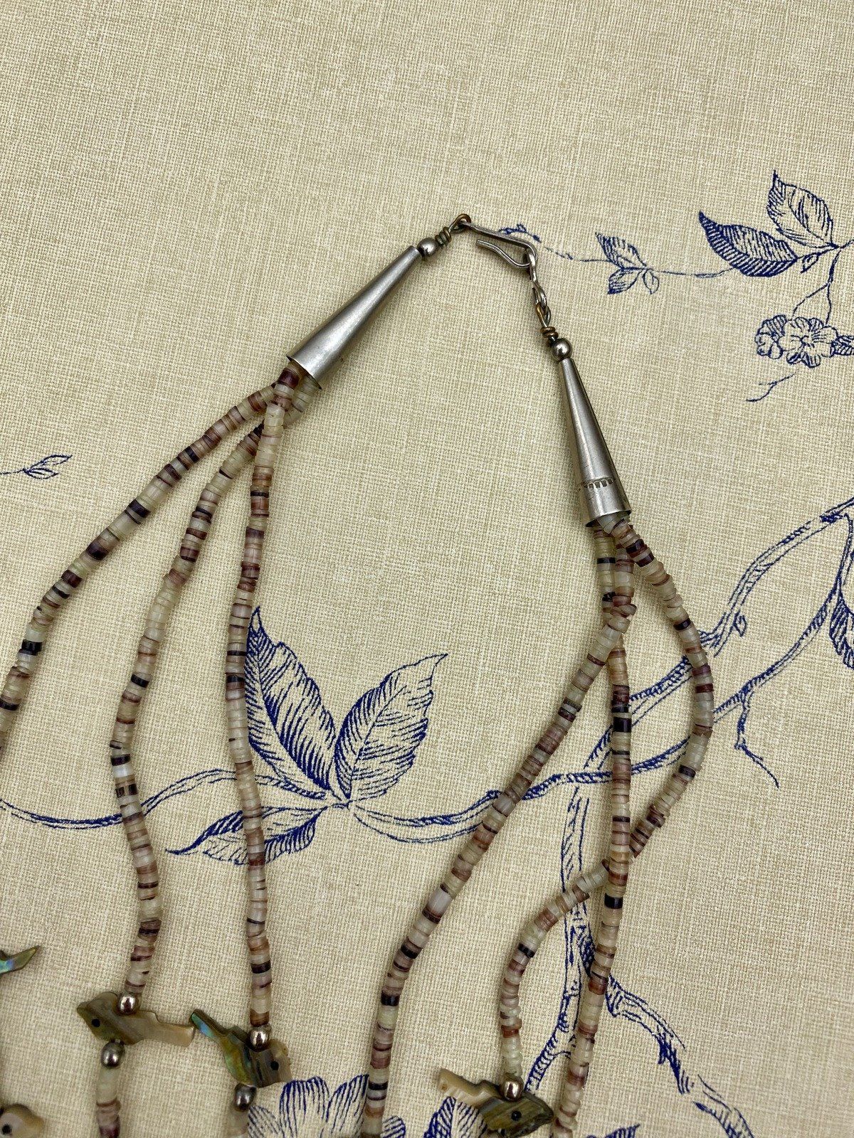 Old Sterling Silver Native American Abalone + Mother of Pearl Bird Fetish Carving Multi Strand Necklace w Horn Accents 4