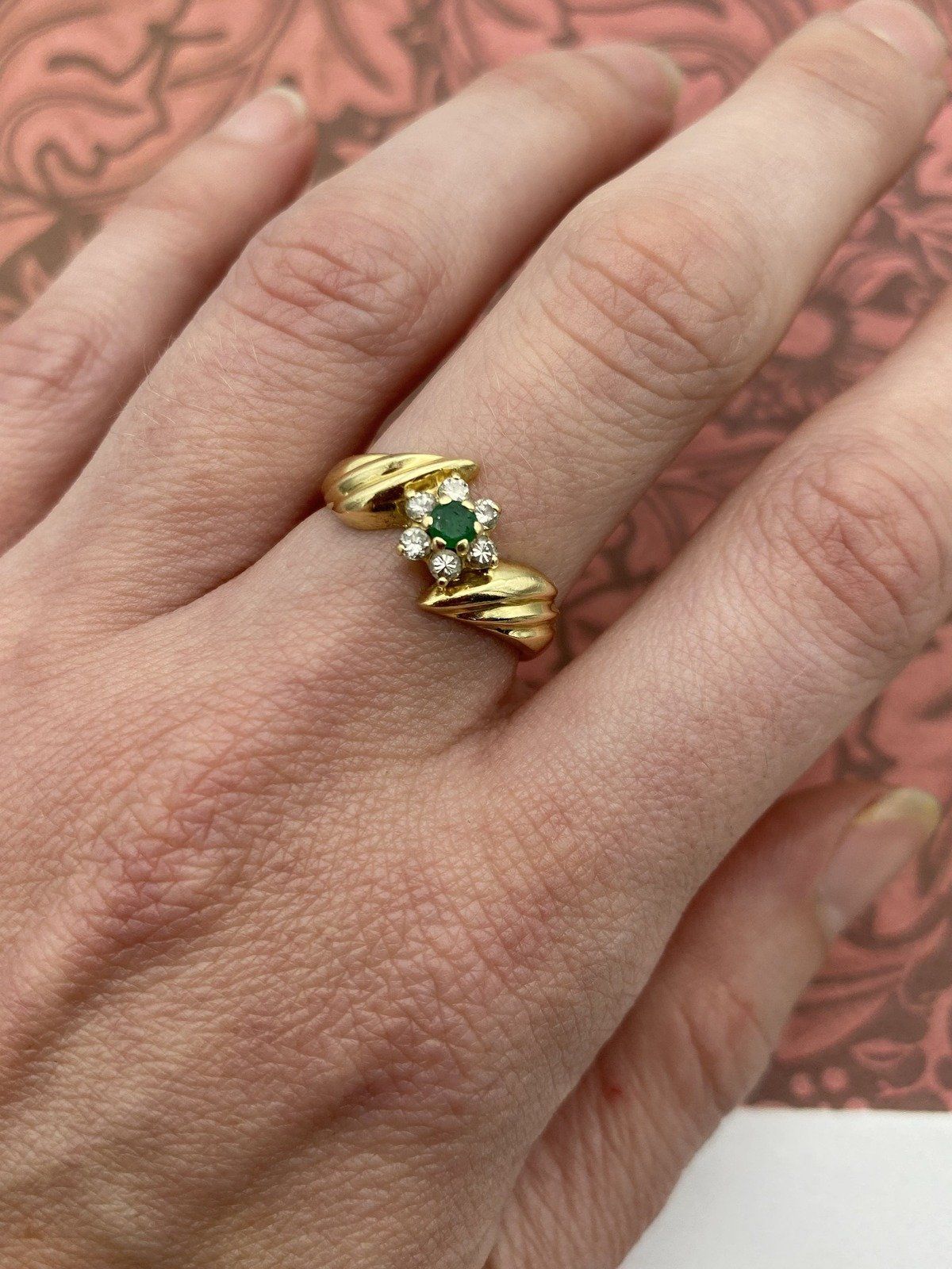 Vintage 14k Gold Emerald + Diamond Flower Ring w Fluted Bypass Shoulders #2605 3