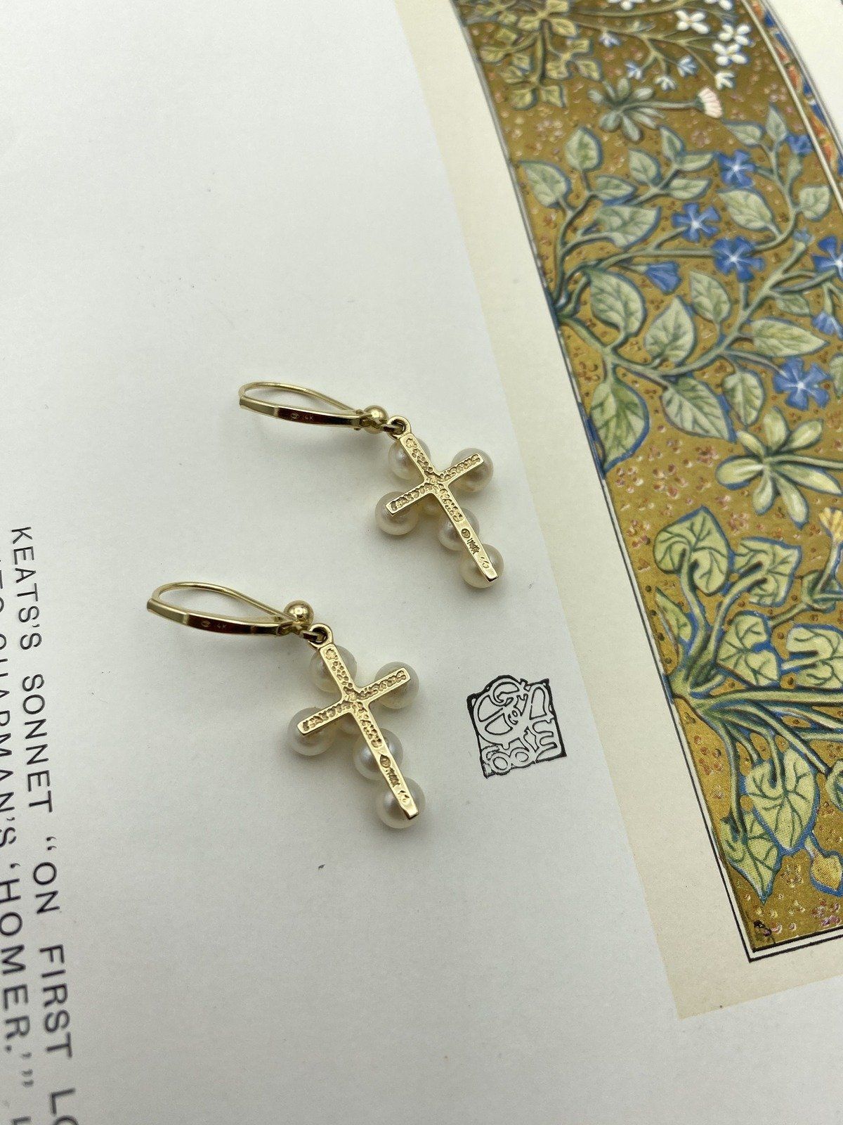 14k Gold Pearl Cross French Clip Drop Earrings #2551 4