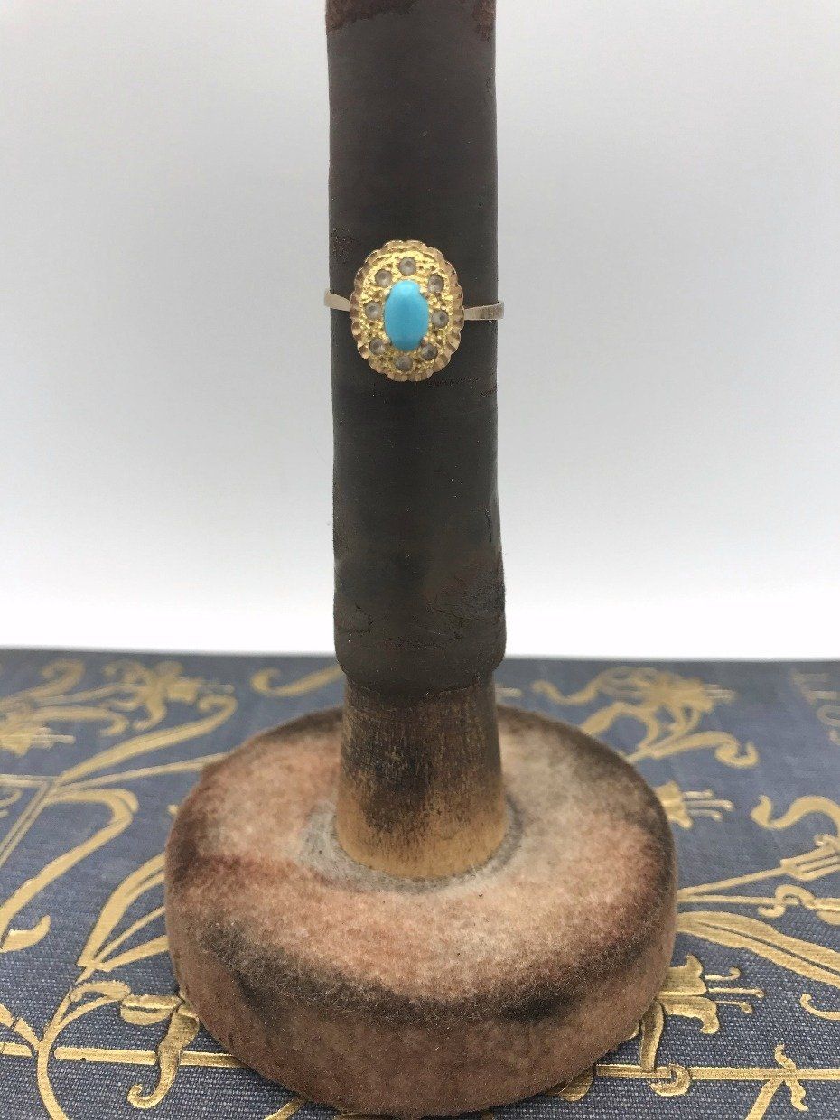 Antique Victorian c.1900s 14k +18k Gold Turquoise + Pave Rose Cut Diamond Ring 2