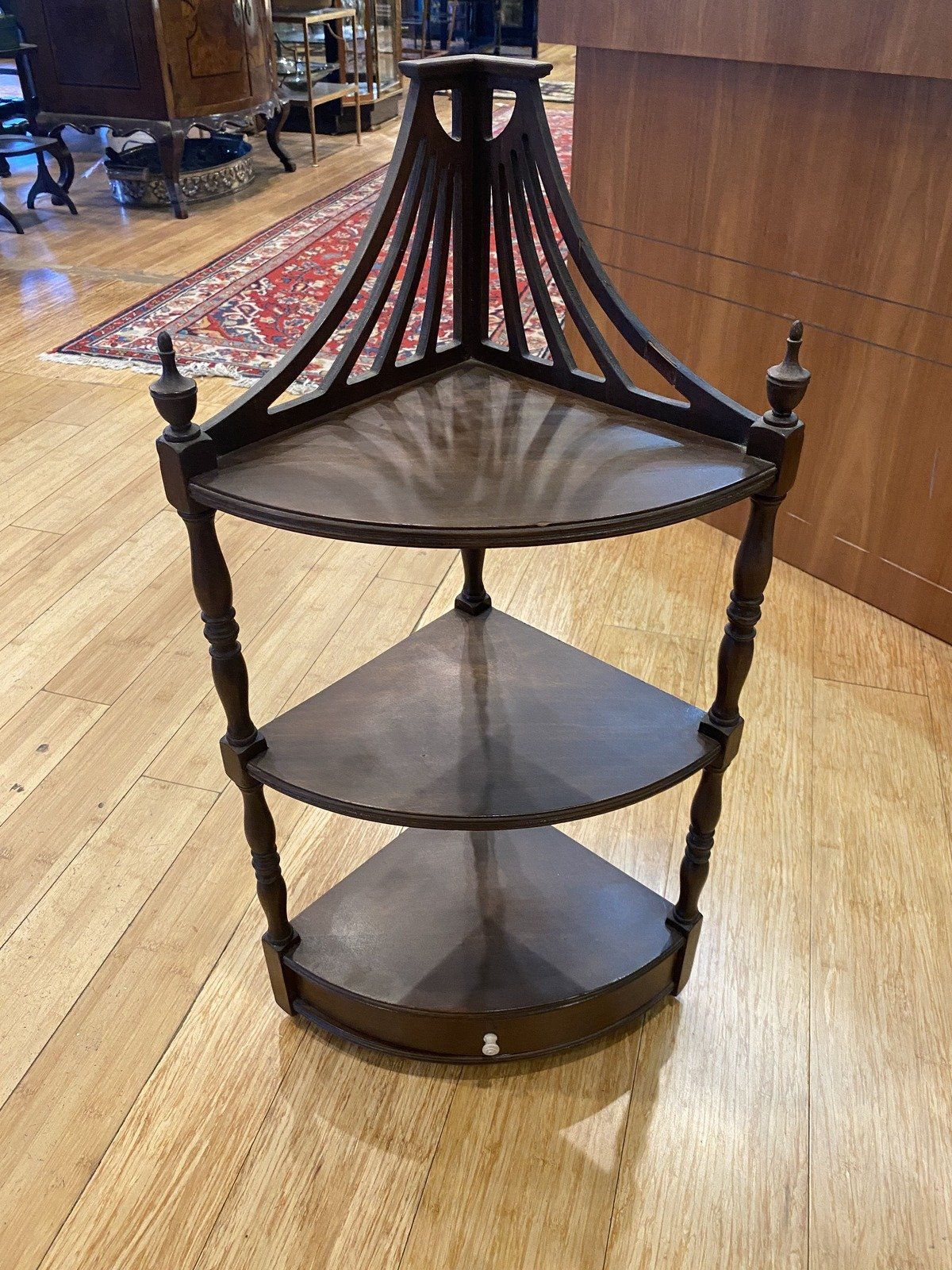 Miniature Chippendale 3 Tier Corner Wall Shelf Curio w Drawer