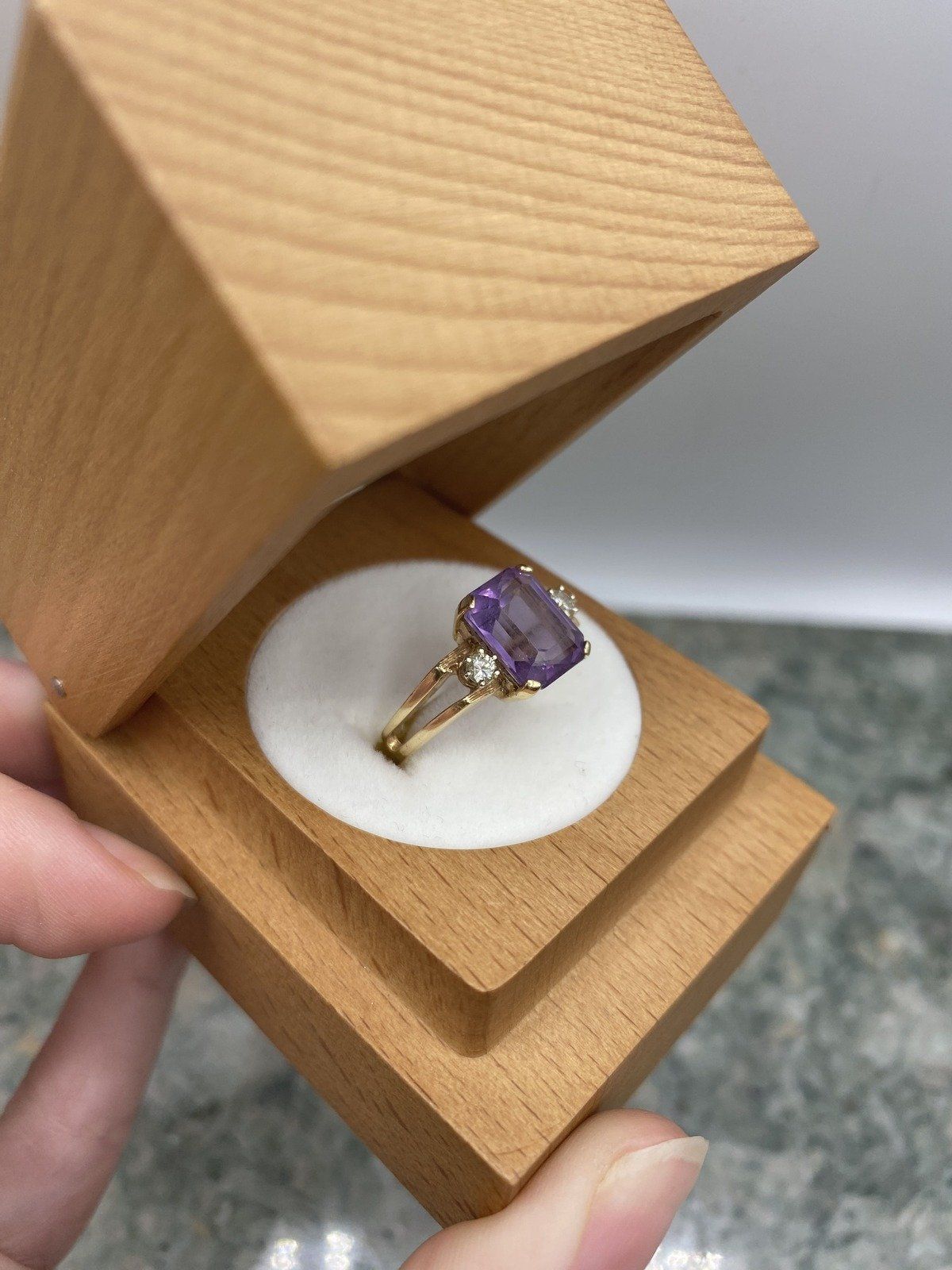 14k Gold Radiant Cut Amethyst Ring w Diamond Side Details 3
