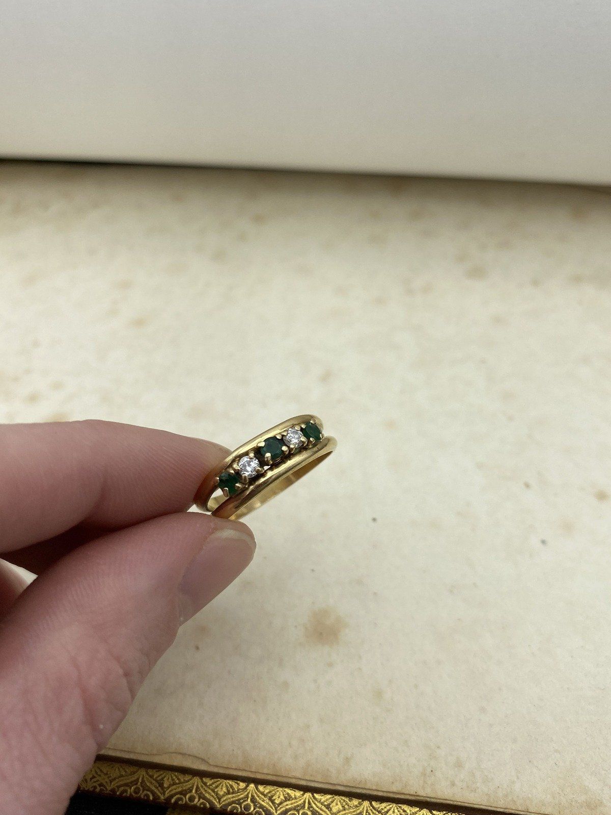 Vintage 14k Gold Double Band Emerald + Diamond Ring 7