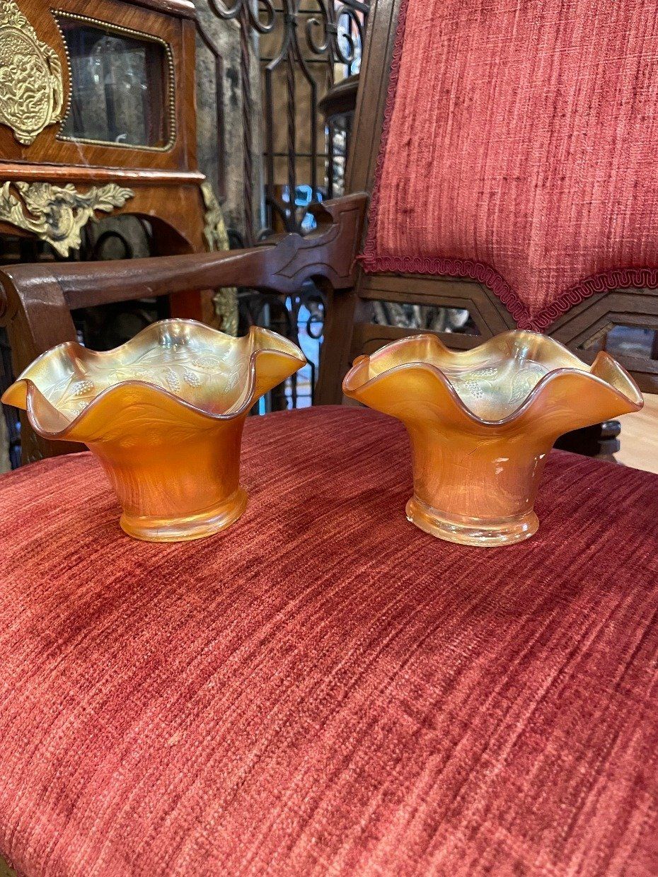 Pair of Leaf Molded Orange Carnival Glass Votive Holders w Pinched Rims 4