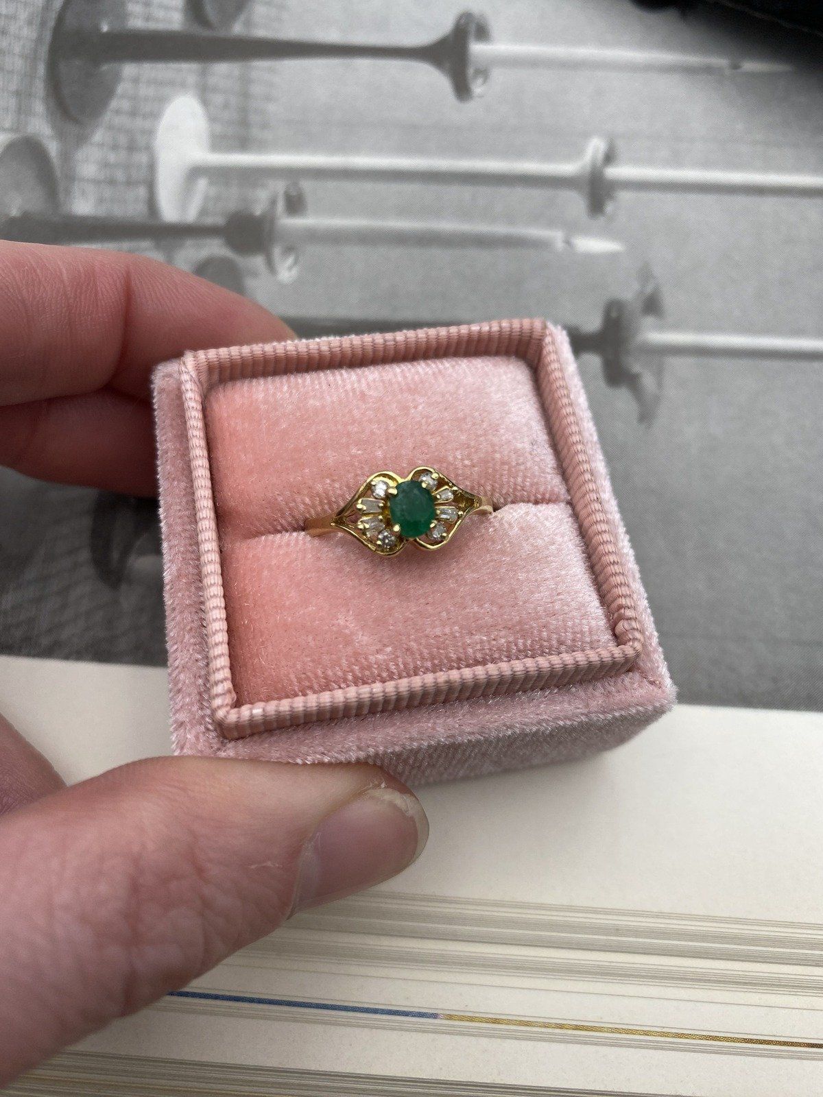 Feminine 14k Gold Oval Emerald Ring w Baguette Framing + Tapered Split Shoulders 2