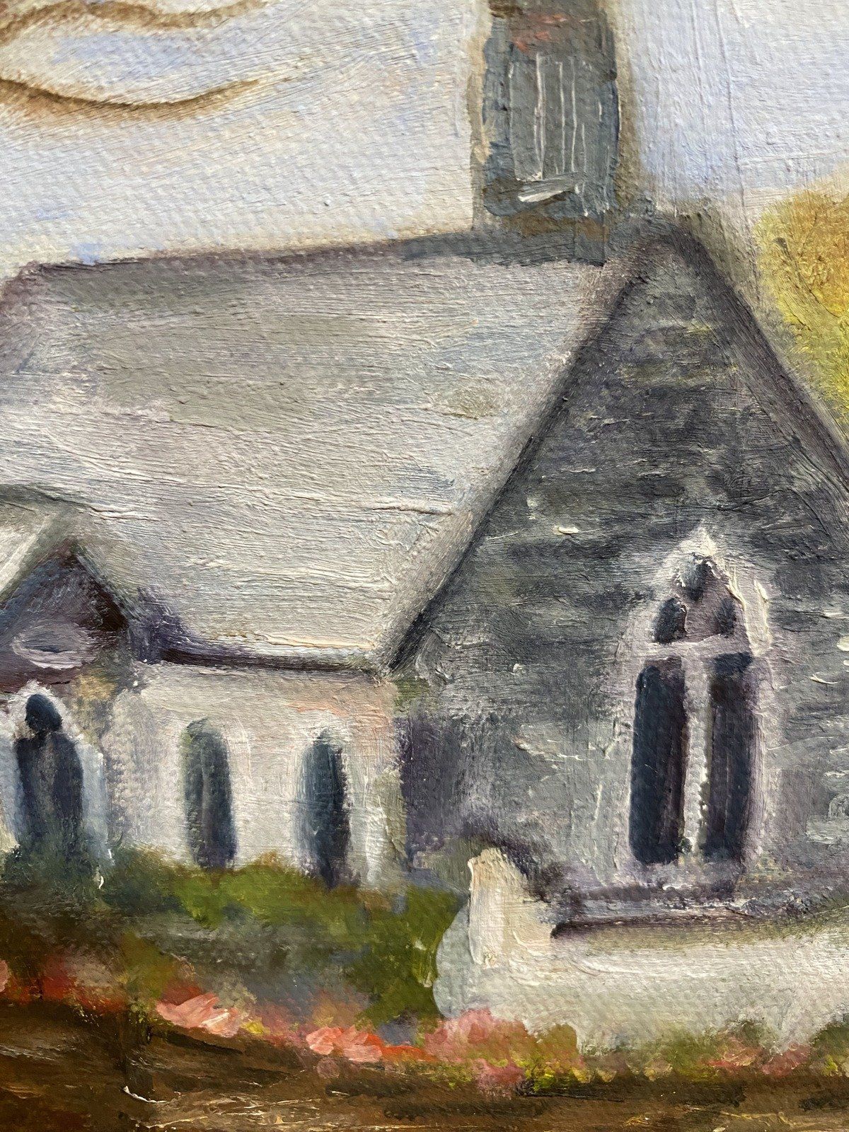 Natural Wood Framed 14x11 Original Acrylic Painting of Floral Pastoral Hillside Church 4