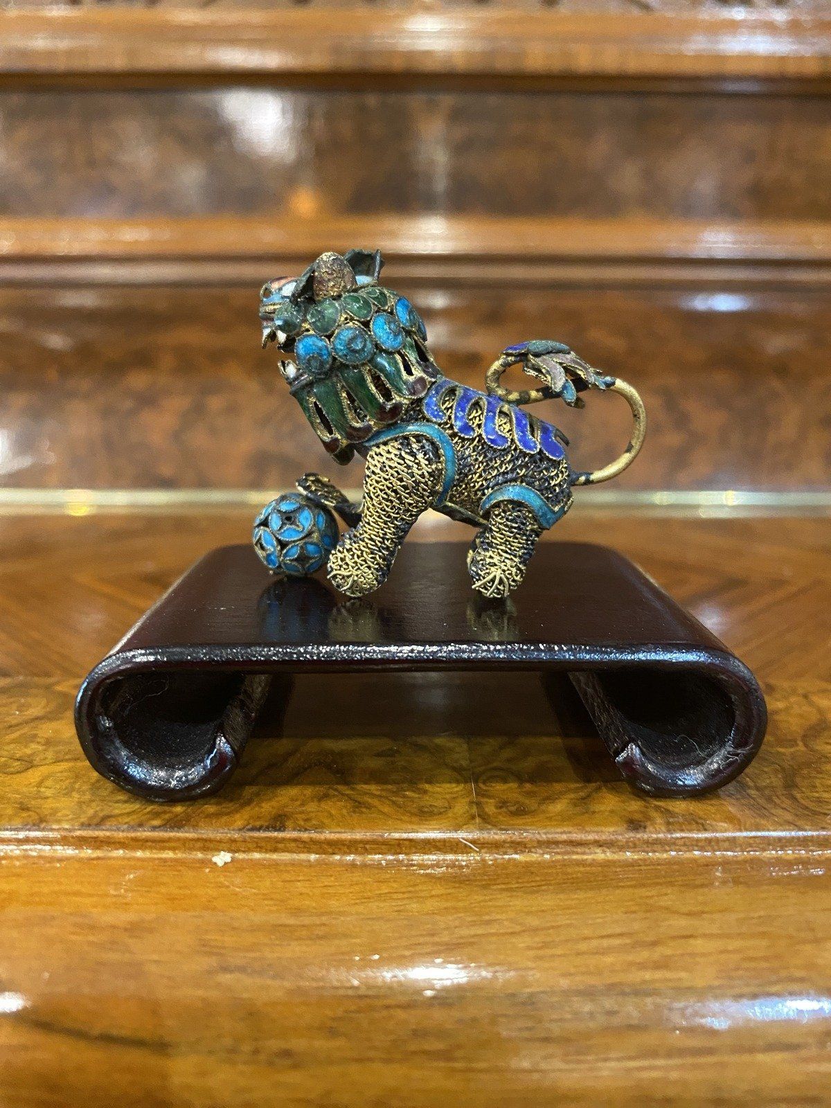 Antique Imported Gilt Enamel Chinese Foo Dog w Wooden Feng Shui Stand + Moving Head 6