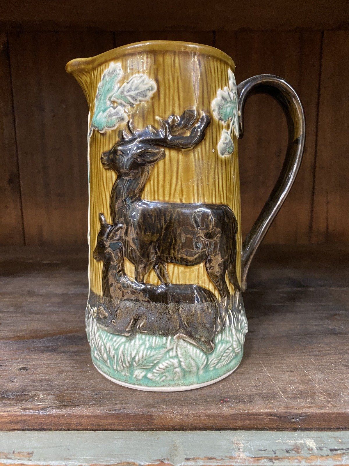Antique Glazed Ceramic Hunter's Forest Majolica Pitcher